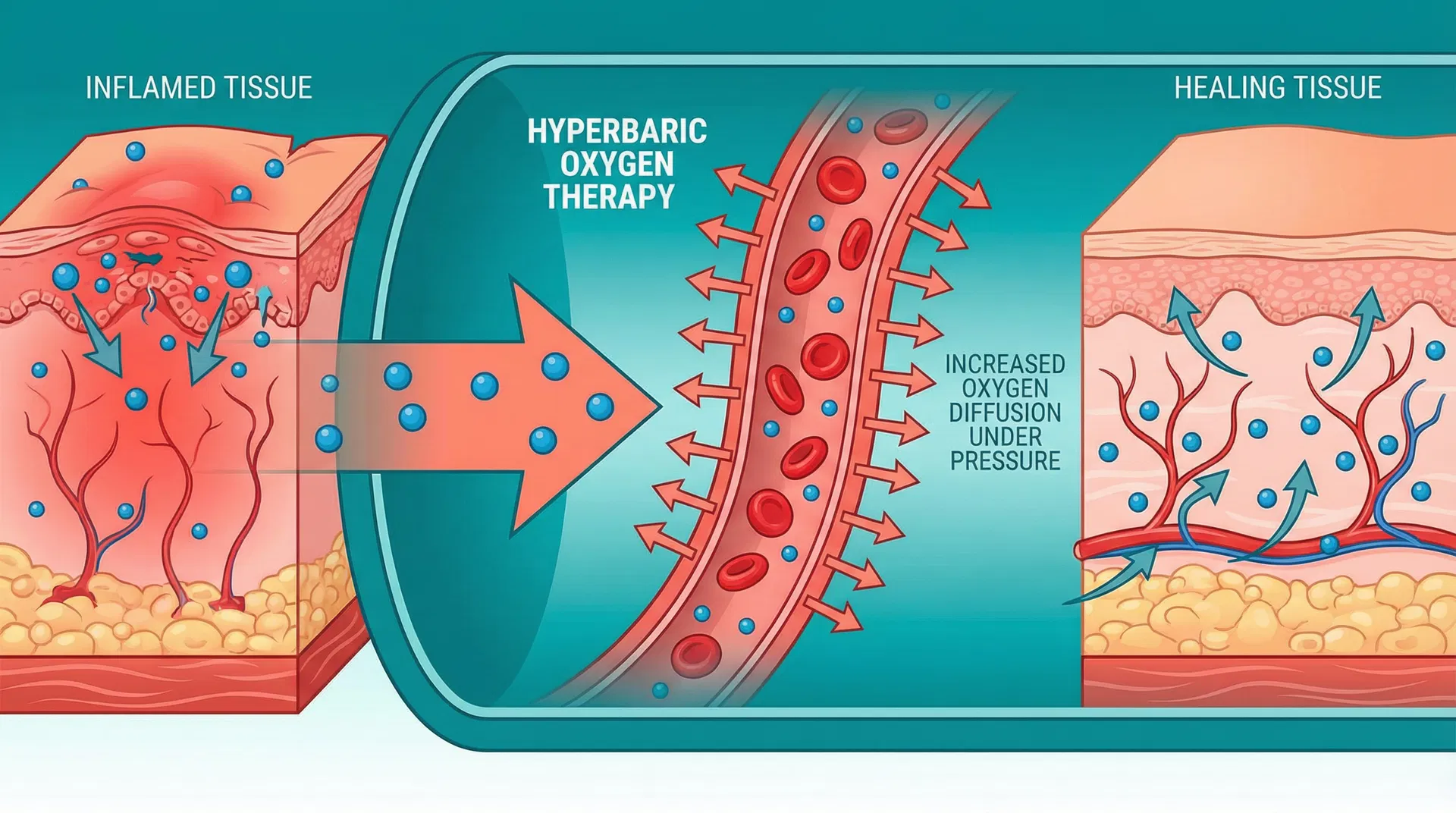Diagram showing how hyperbaric oxygen therapy delivers oxygen to inflamed and damaged skin tissue