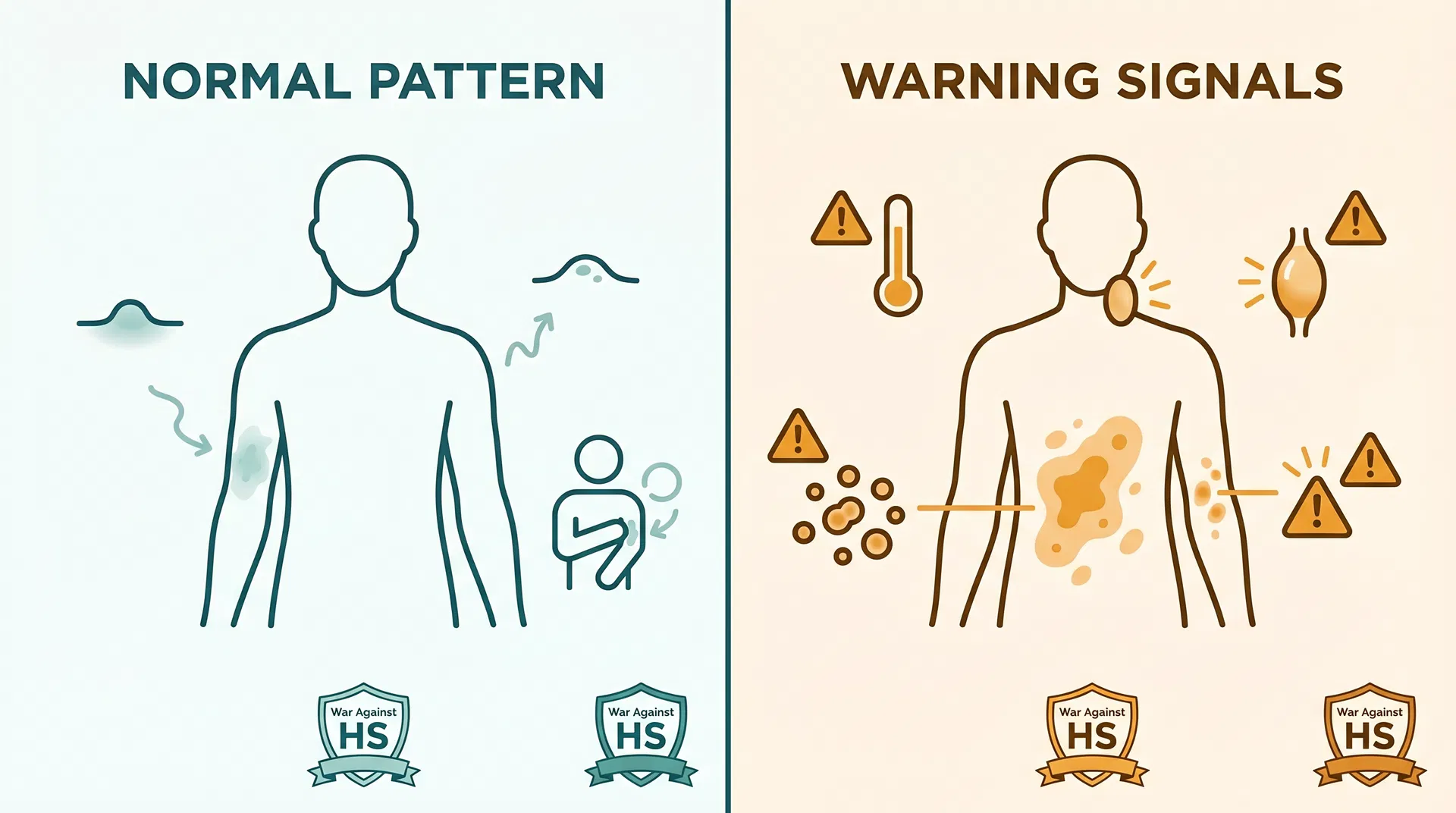 Comparison diagram showing normal HS itch patterns versus warning signals including spreading rash, new lesions, fever, and lymph node swelling