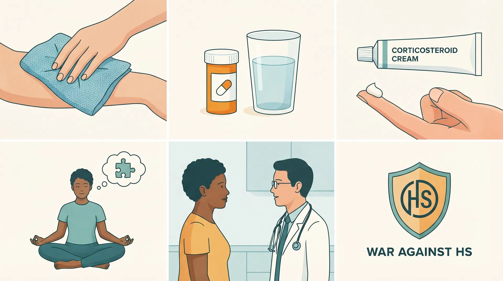 Grid showing itch relief methods for HS patients: cool compress, antihistamines, topical corticosteroids, mindfulness techniques, and dermatologist consultation