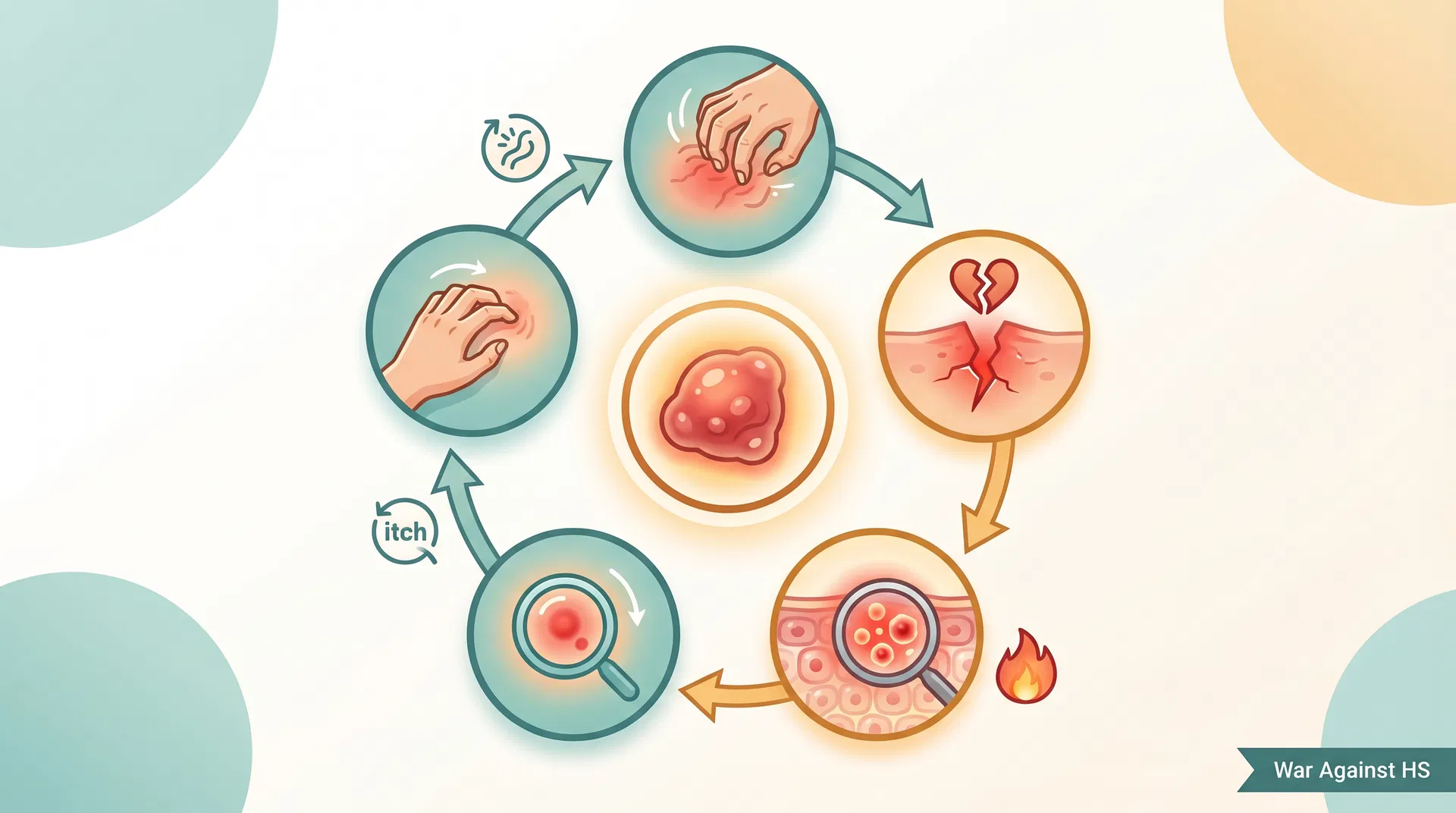 Circular flow diagram showing the itch-scratch cycle: itch sensation leads to scratching, which causes skin damage and increased inflammation, which worsens the itch