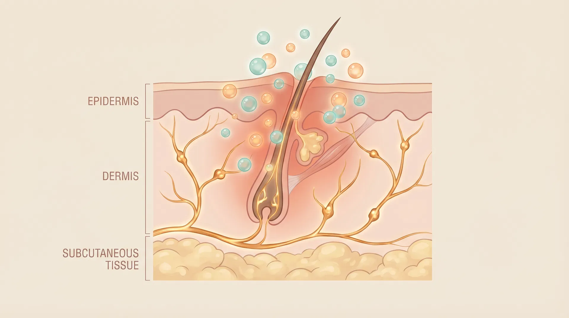 Cross-section diagram of inflamed skin showing nerve endings, cytokine molecules, and C-fiber activation involved in HS-associated itching