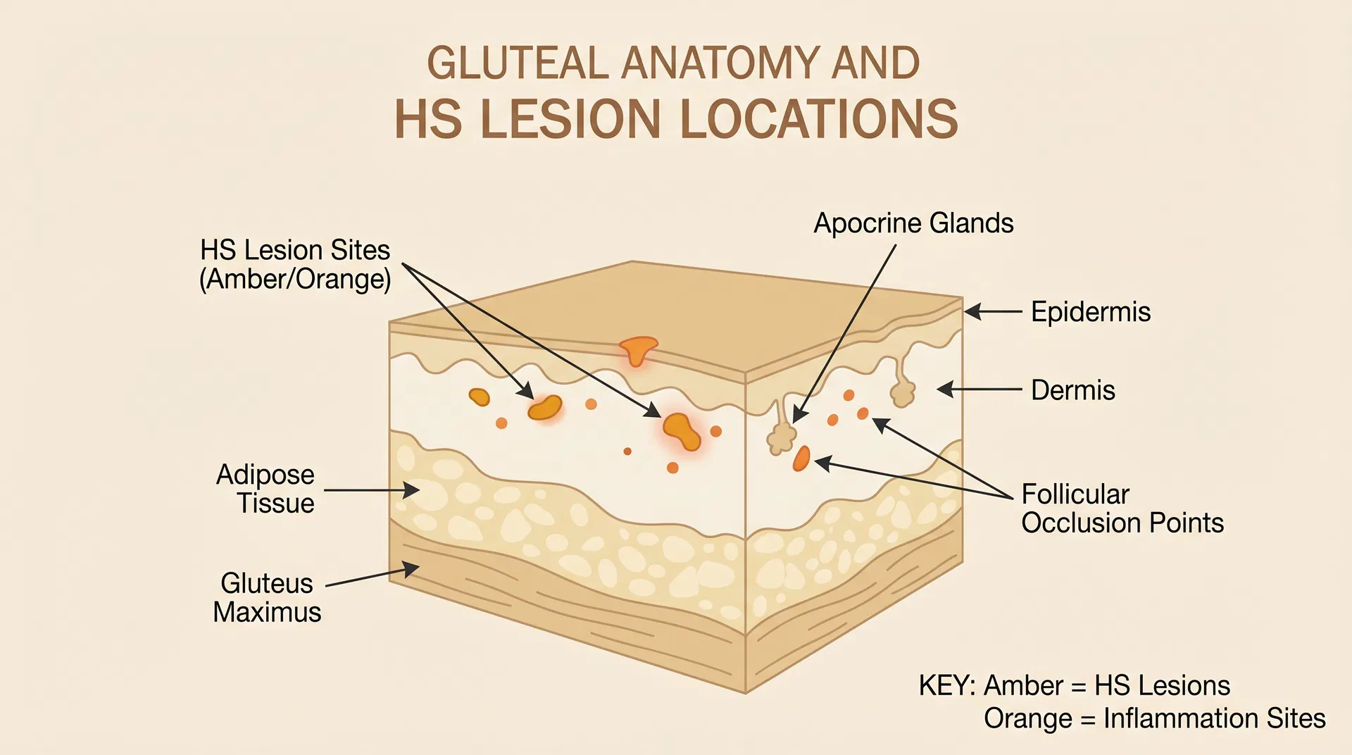 Medical diagram showing gluteal anatomy with HS lesion locations including apocrine glands, follicular occlusion points, and HS lesion sites