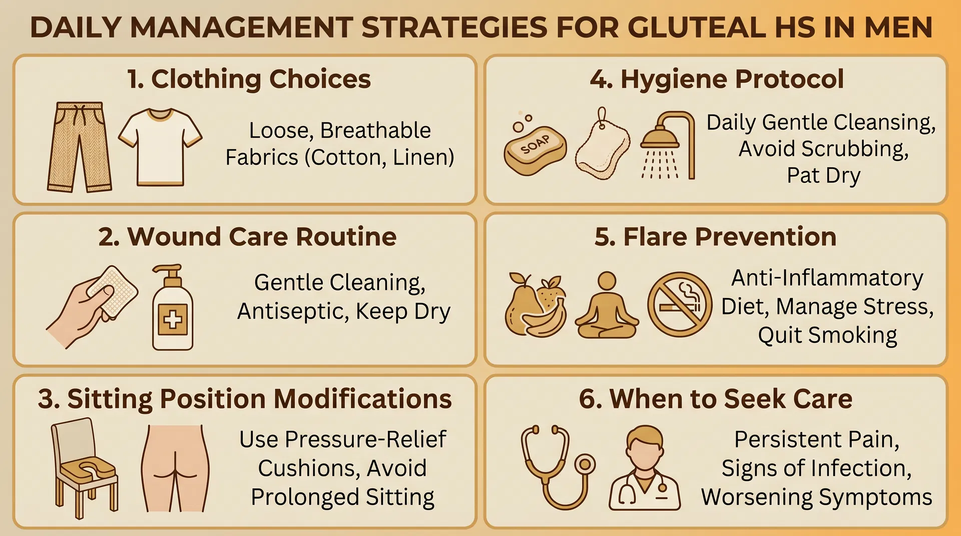 Infographic showing 6 daily management strategies for gluteal HS in men: clothing choices, wound care, sitting modifications, hygiene, flare prevention, and when to seek care