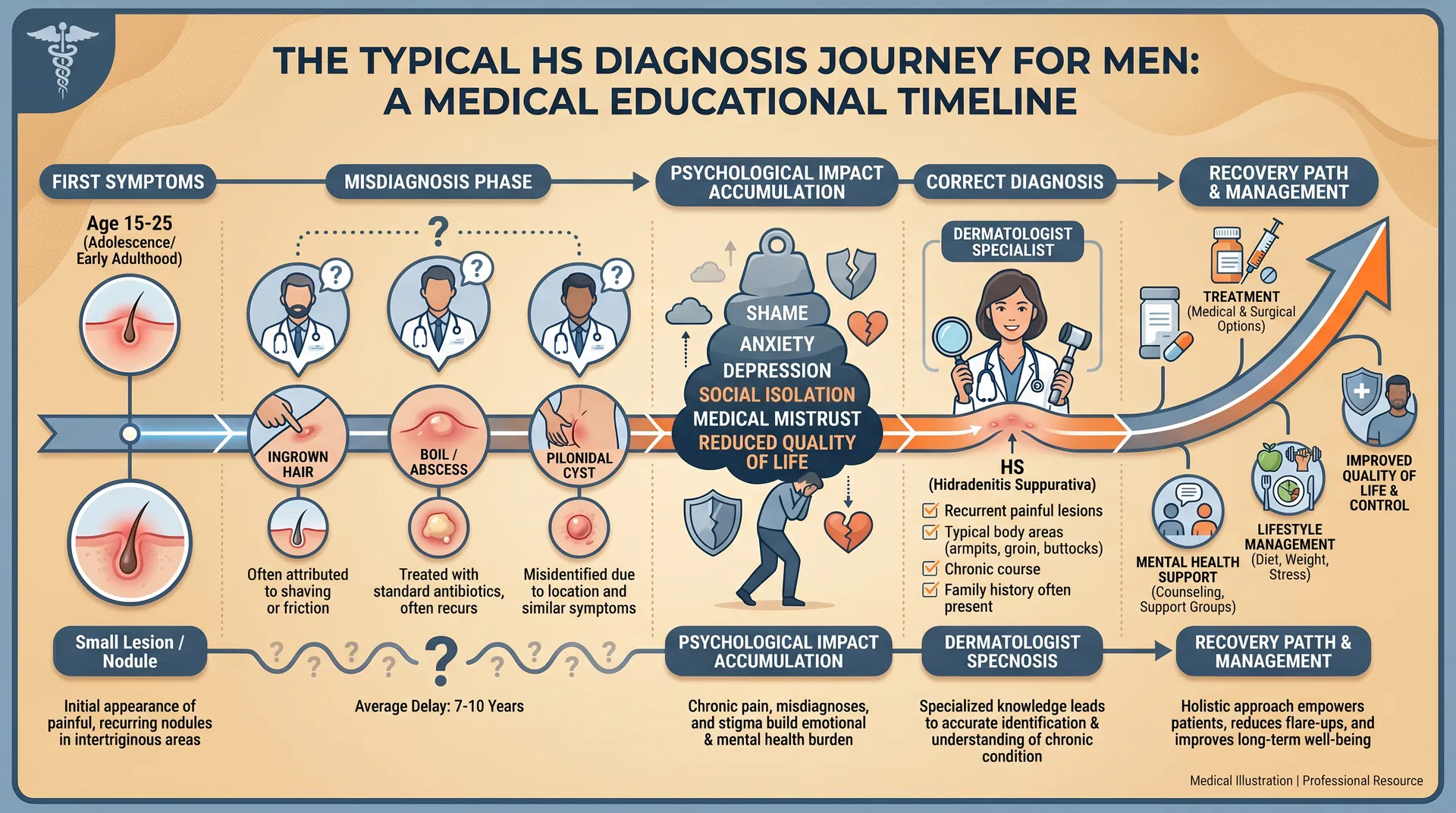 Timeline showing the typical HS diagnosis journey for men: first symptoms, misdiagnosis phase with wrong labels, psychological impact accumulation, correct diagnosis, and recovery path