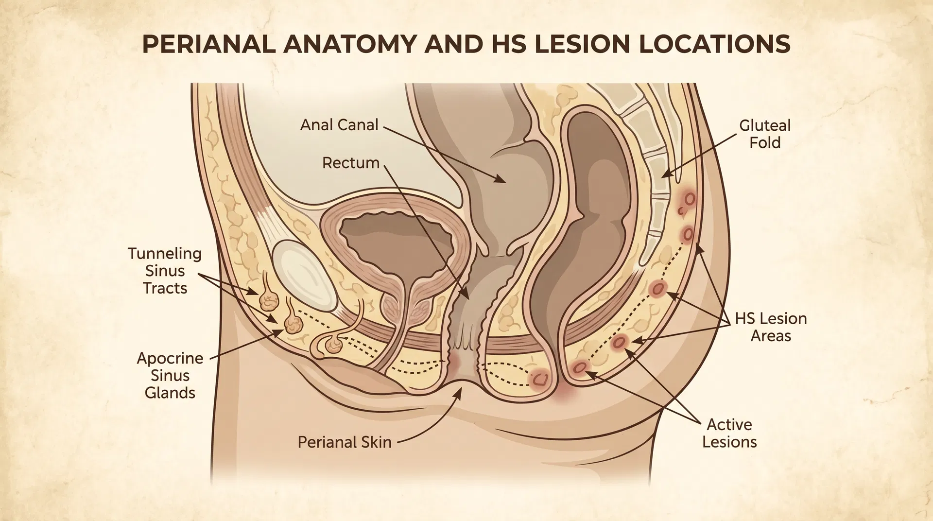 Anatomical cross-section diagram of the perianal region showing apocrine glands, tunneling sinus tracts, and HS lesion areas
