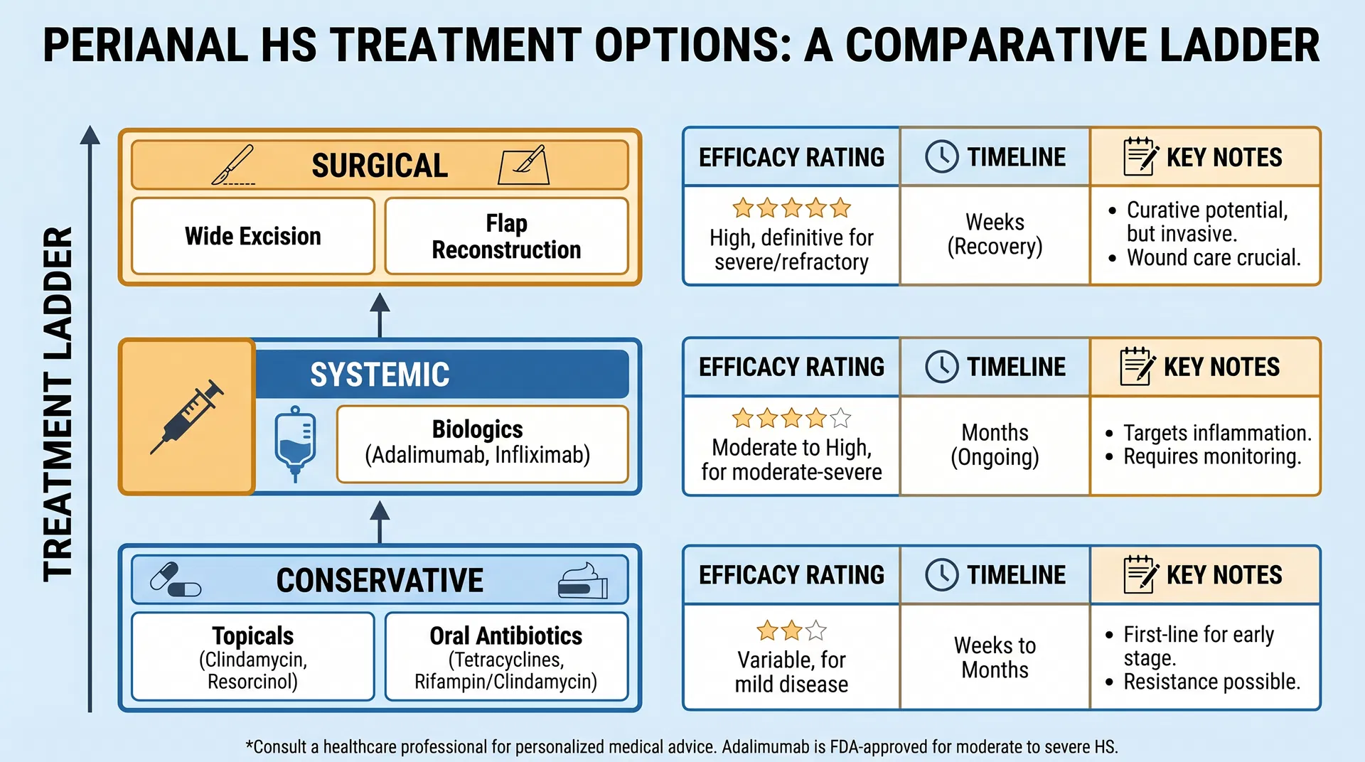Comparative treatment ladder for perianal HS showing conservative, systemic biologic, and surgical options with efficacy ratings and timelines