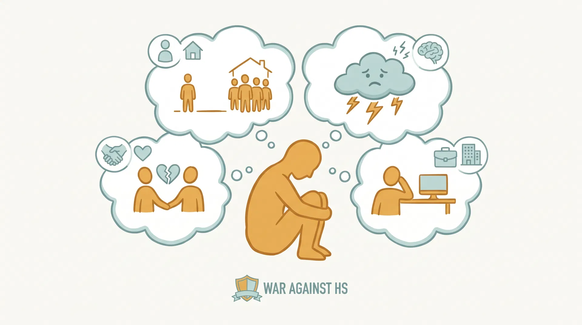 Illustration showing the psychological impact of HS odor including social withdrawal, anxiety, relationship strain, and workplace avoidance