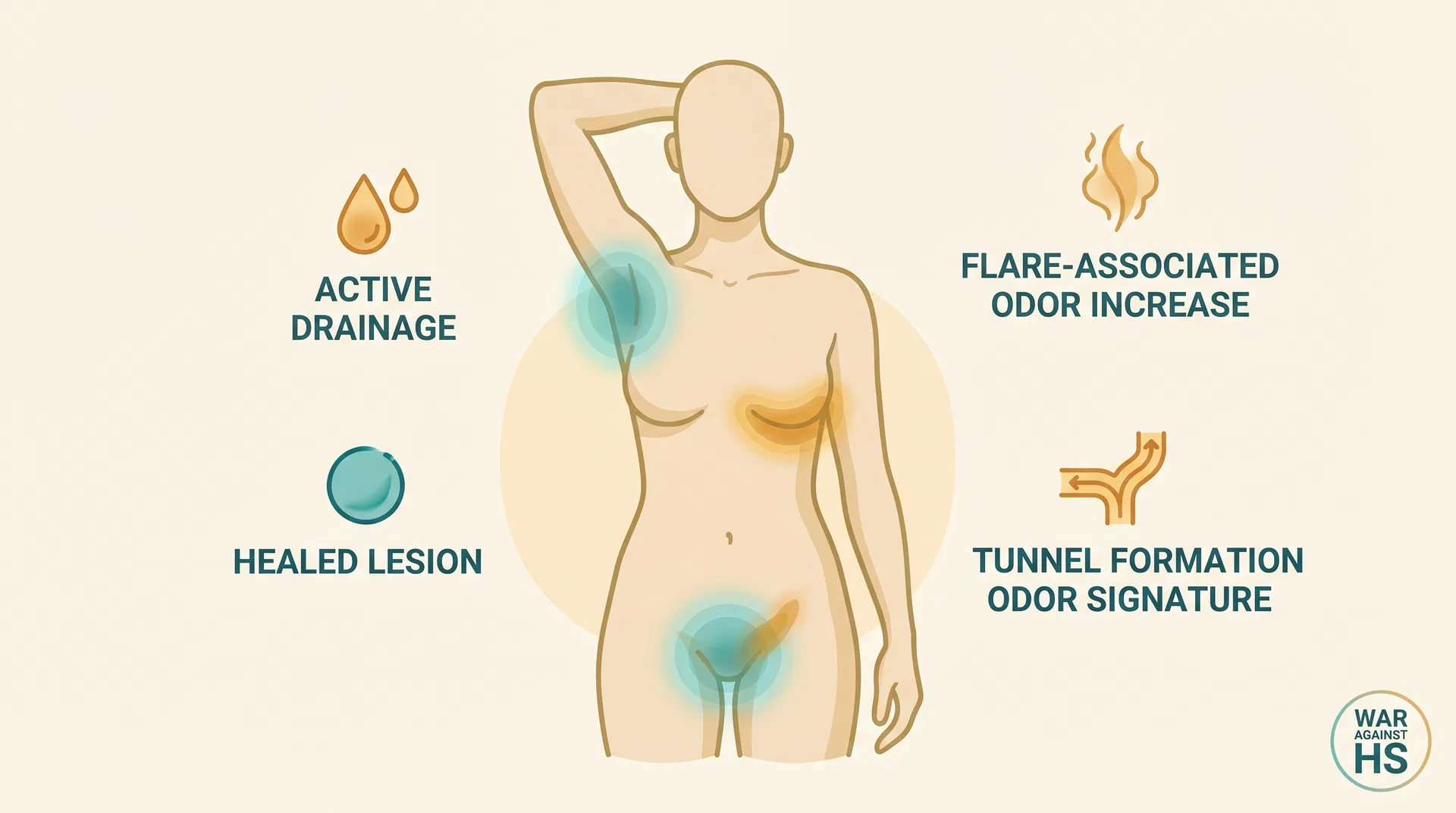 Body diagram showing HS-affected areas including axilla and groin with indicators for active drainage versus healed lesions and flare-associated odor patterns