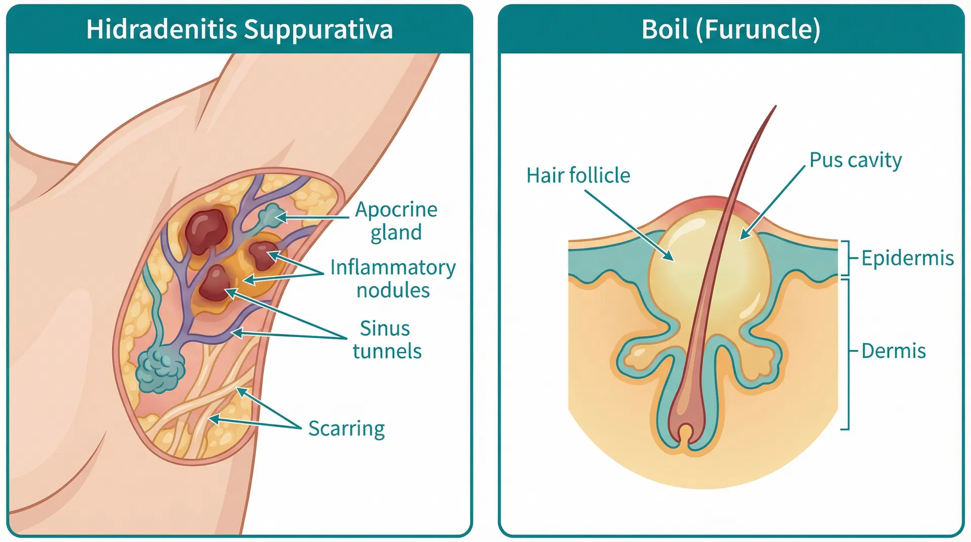 Side-by-side anatomical comparison of Hidradenitis Suppurativa (deep nodules, sinus tunnels, scarring) versus a Boil (single infected hair follicle)