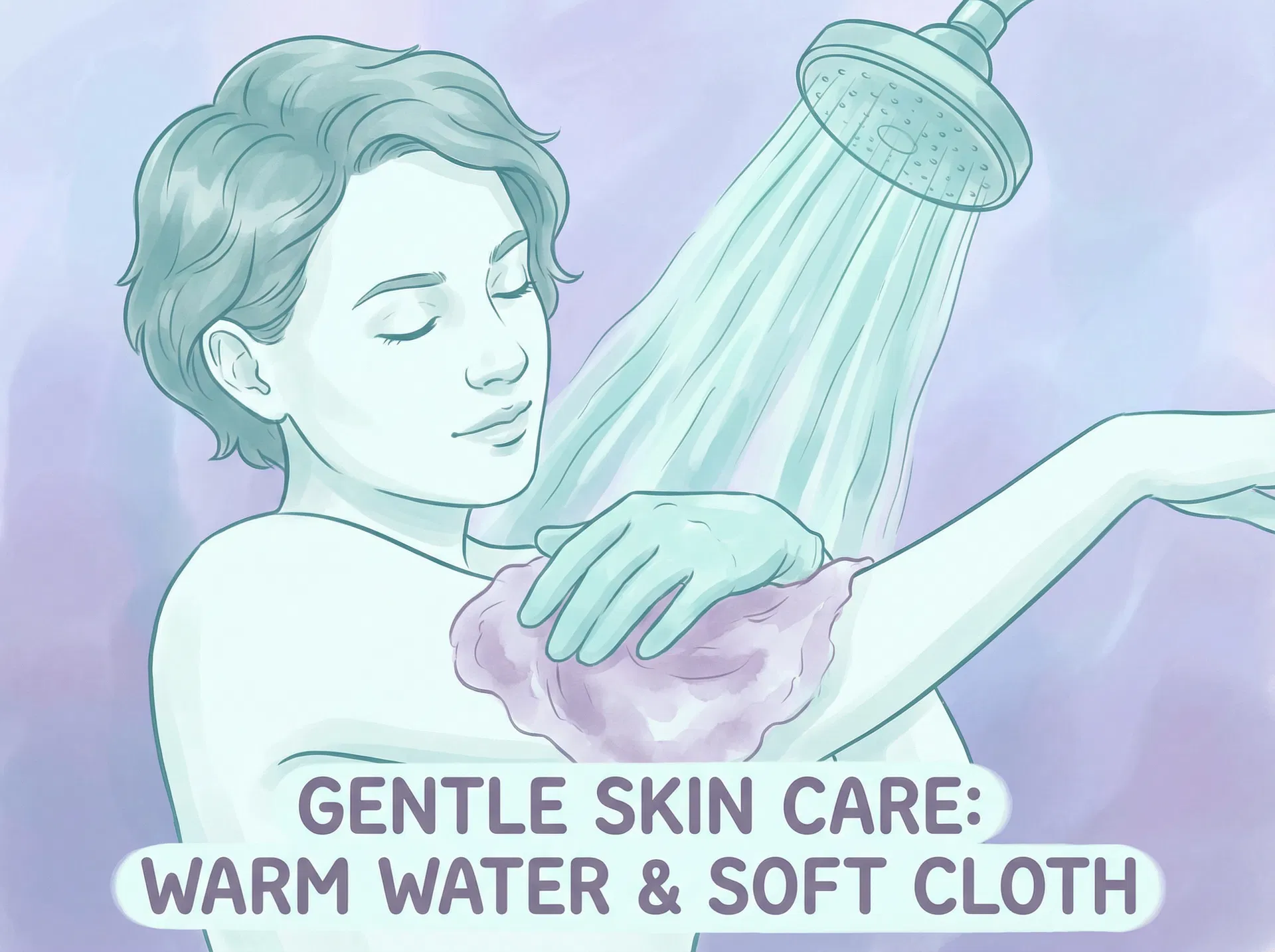 Illustration of gentle shower technique for HS skin care using warm water and a soft cloth