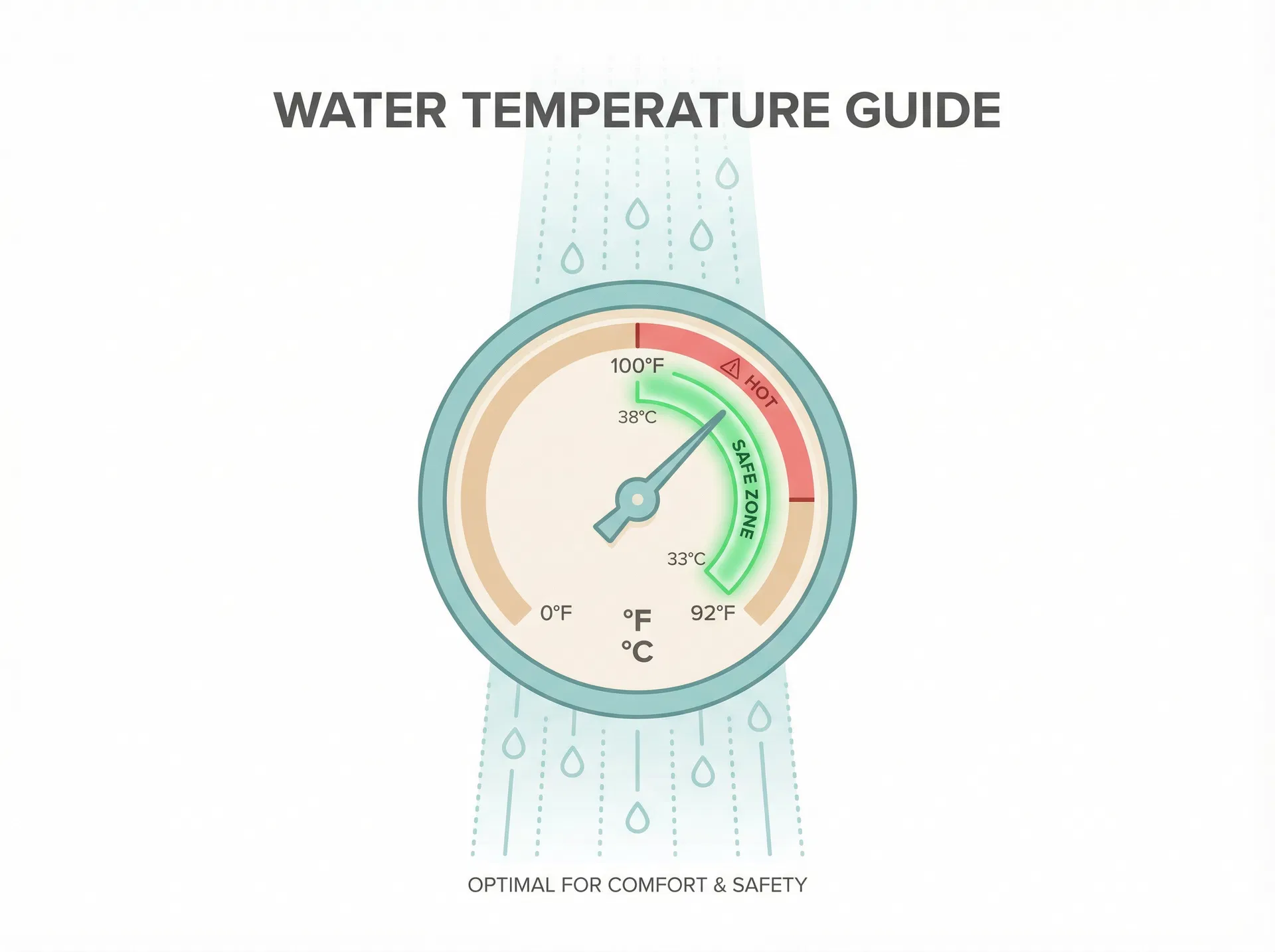 Water temperature gauge showing the safe zone between 92 and 100 degrees Fahrenheit for HS patients
