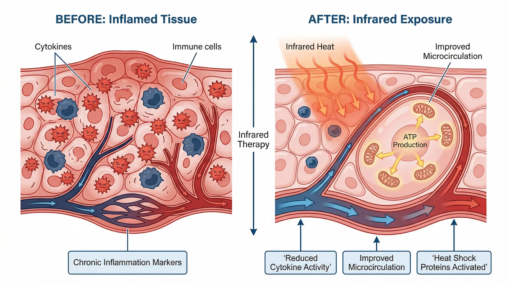 Before and after comparison showing how infrared heat reduces cytokine activity and improves microcirculation in inflamed tissue