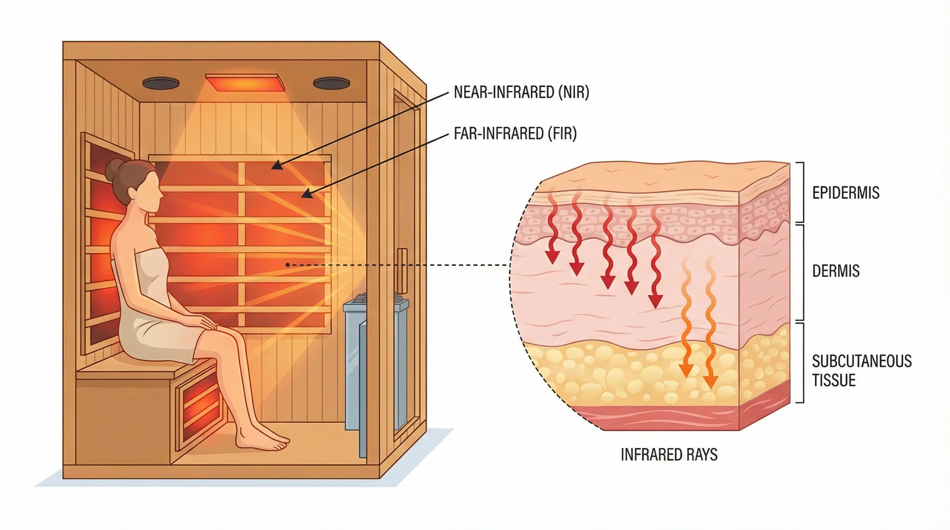 Infrared sauna cabin cross-section showing NIR and FIR wavelength penetration through skin layers