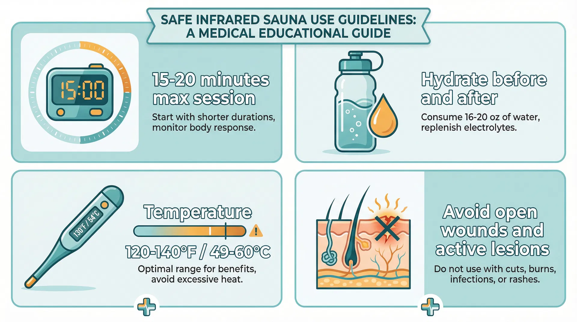 Safe infrared sauna use guidelines infographic showing session duration, hydration, temperature range, and wound avoidance