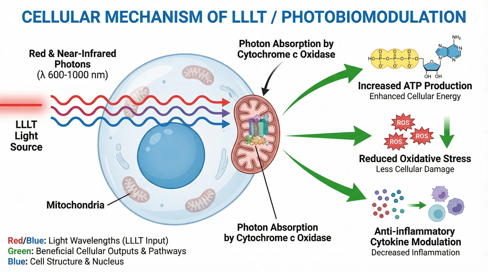 Diagram showing the cellular mechanism of LLLT: photon absorption by mitochondria leading to increased ATP, reduced oxidative stress, and anti-inflammatory cytokine modulation