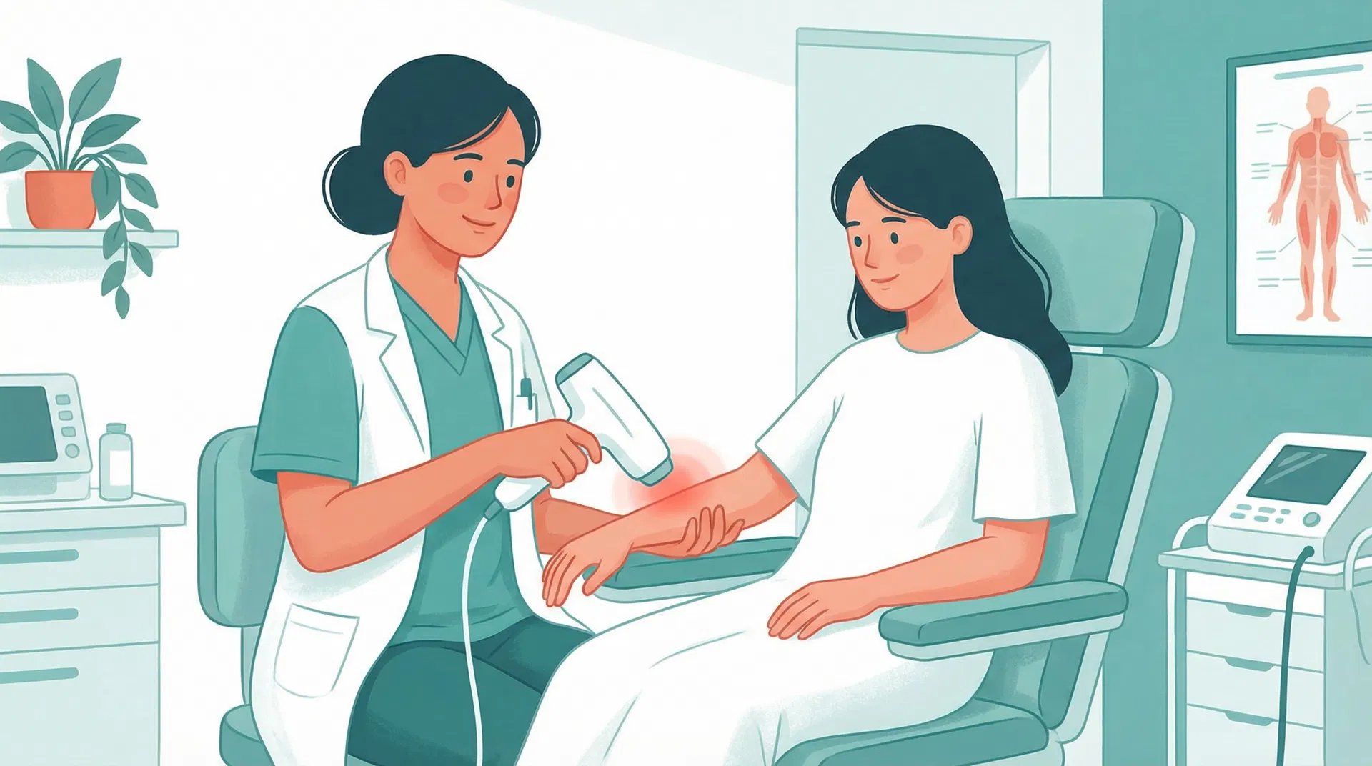 Illustration of a dermatologist administering low-level laser therapy to a patient in a clinical setting
