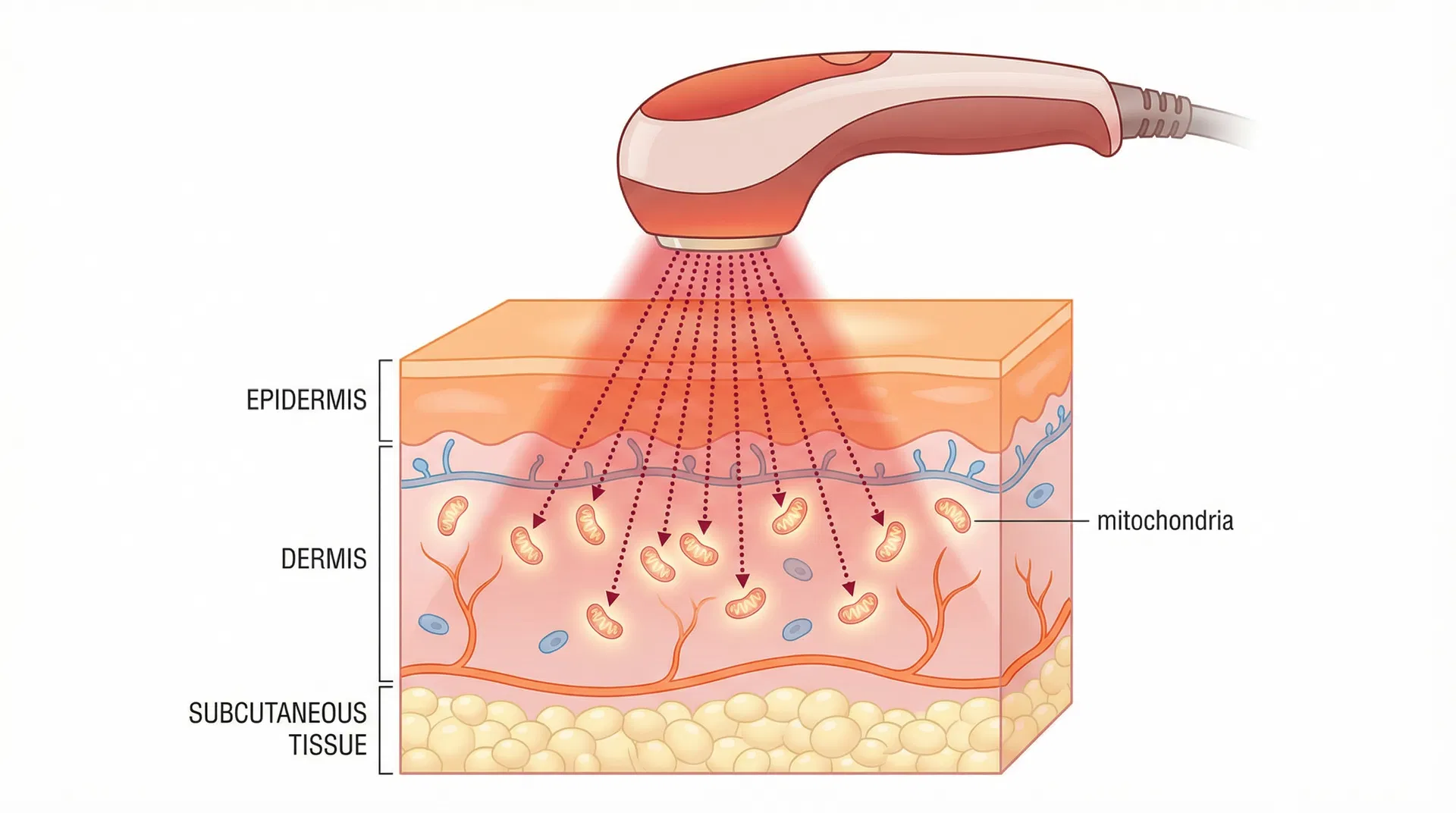 Illustration of a low-level laser therapy device delivering red and near-infrared light into skin tissue layers
