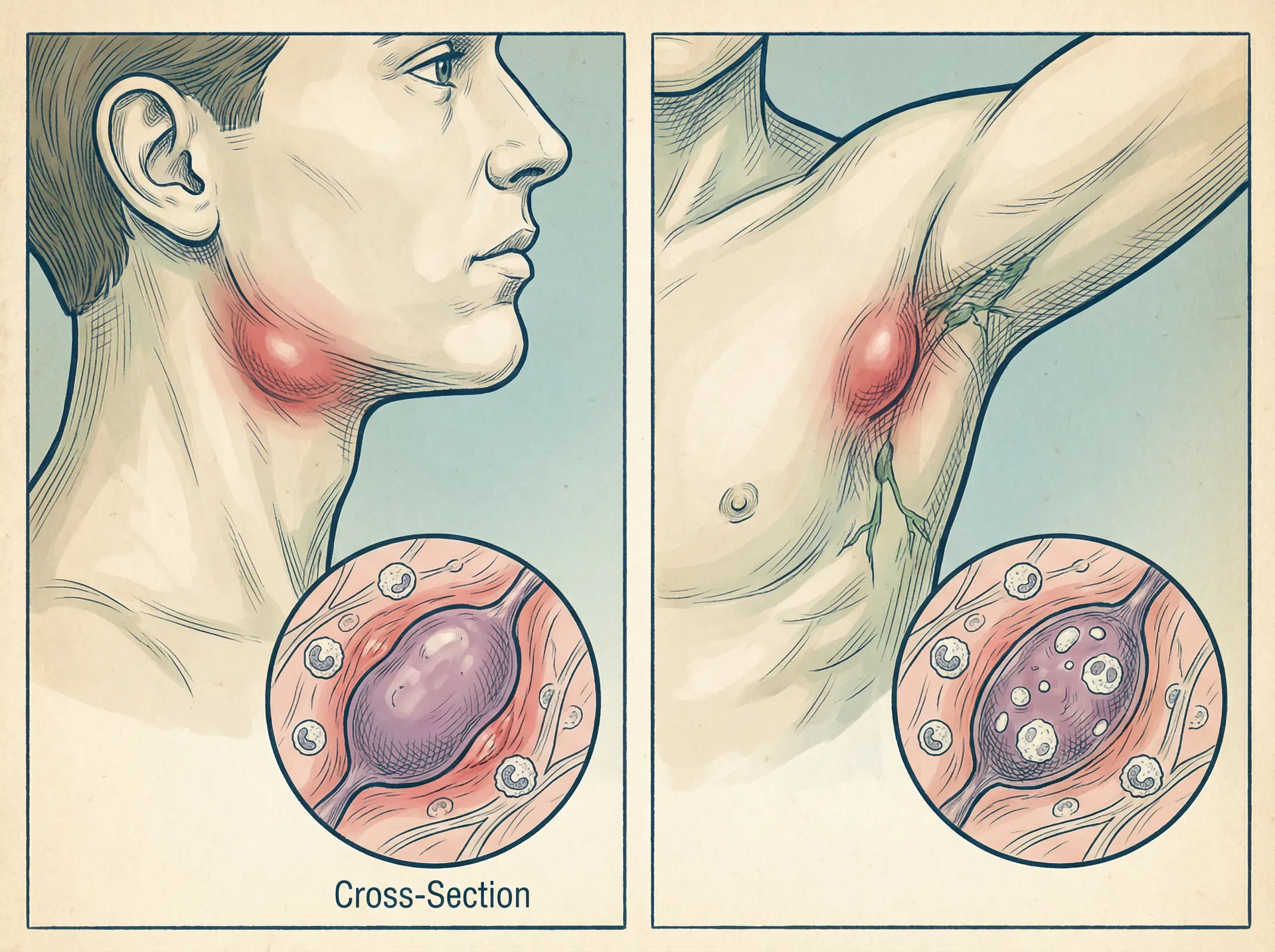 Medical illustration of lymphadenitis - swollen lymph nodes in neck and armpit