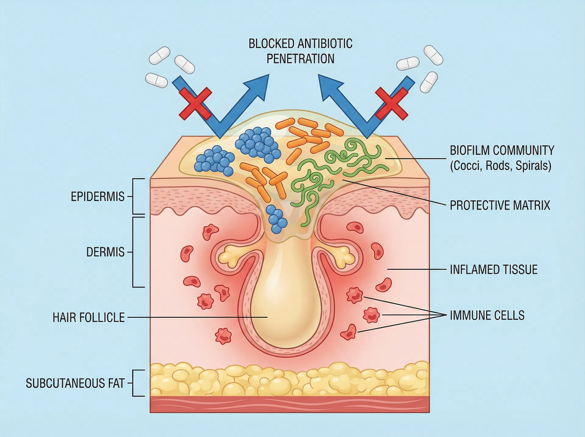 Cross-section diagram of a hair follicle showing bacterial biofilm formation in an HS lesion, with blocked antibiotic penetration and surrounding immune cell response