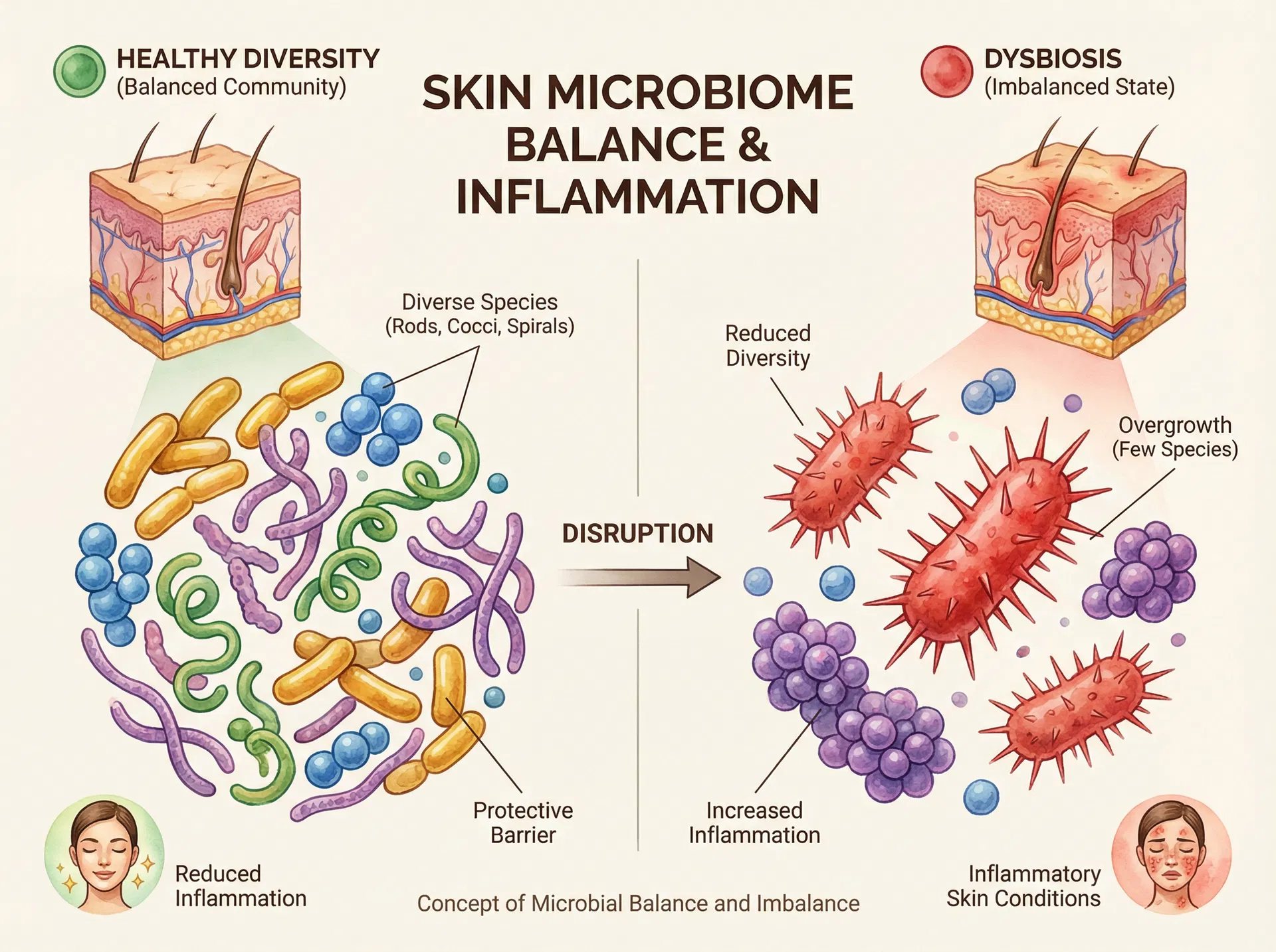Illustration showing healthy microbiome diversity versus dysbiosis - reduced diversity and overgrowth of specific bacterial species associated with inflammatory skin conditions
