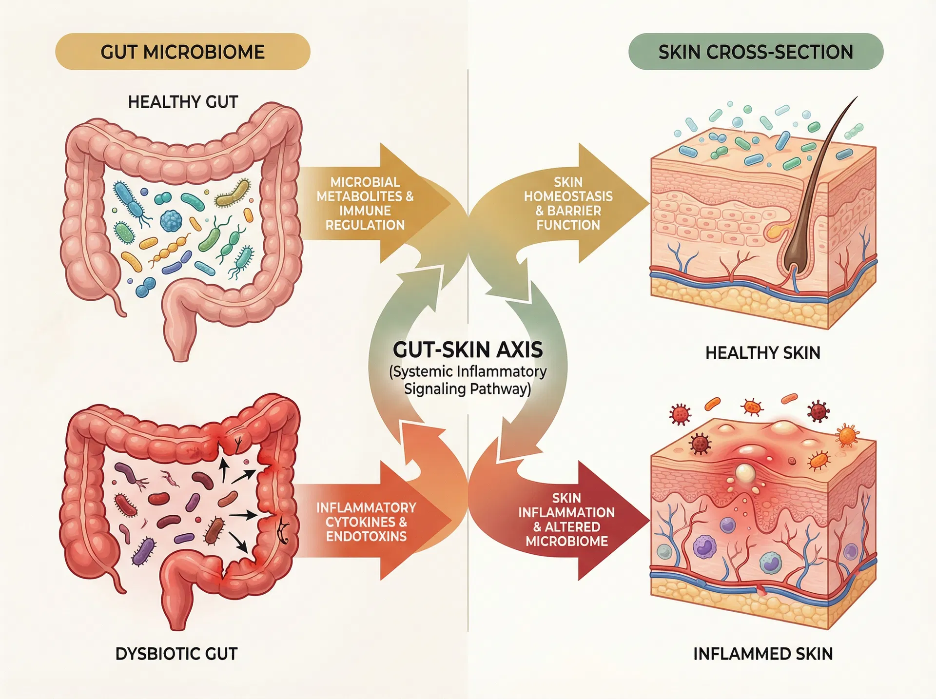 Diagram showing the gut-skin axis connection between gut microbiome health and skin inflammation in HS