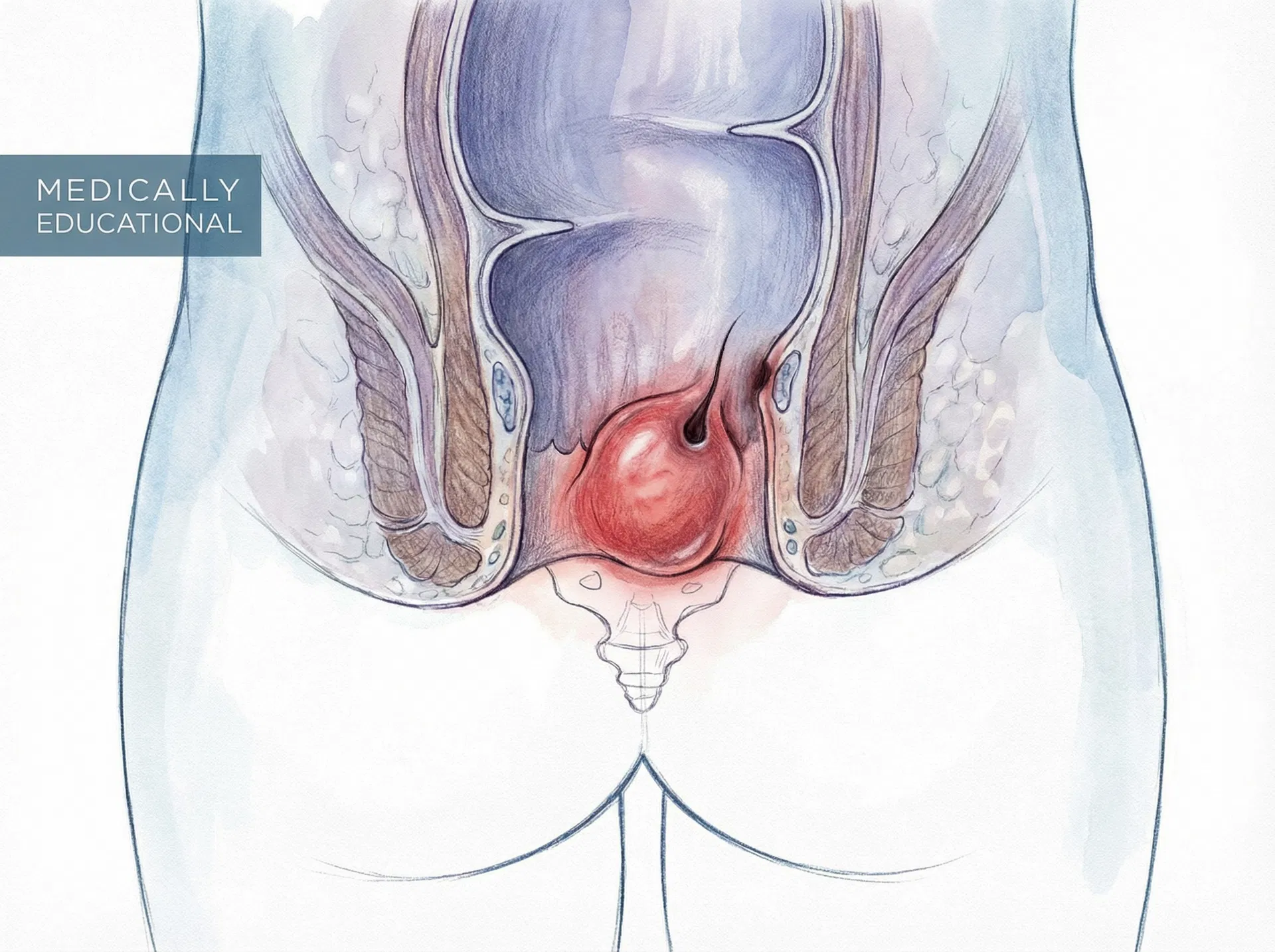 Medical illustration of pilonidal disease near the tailbone