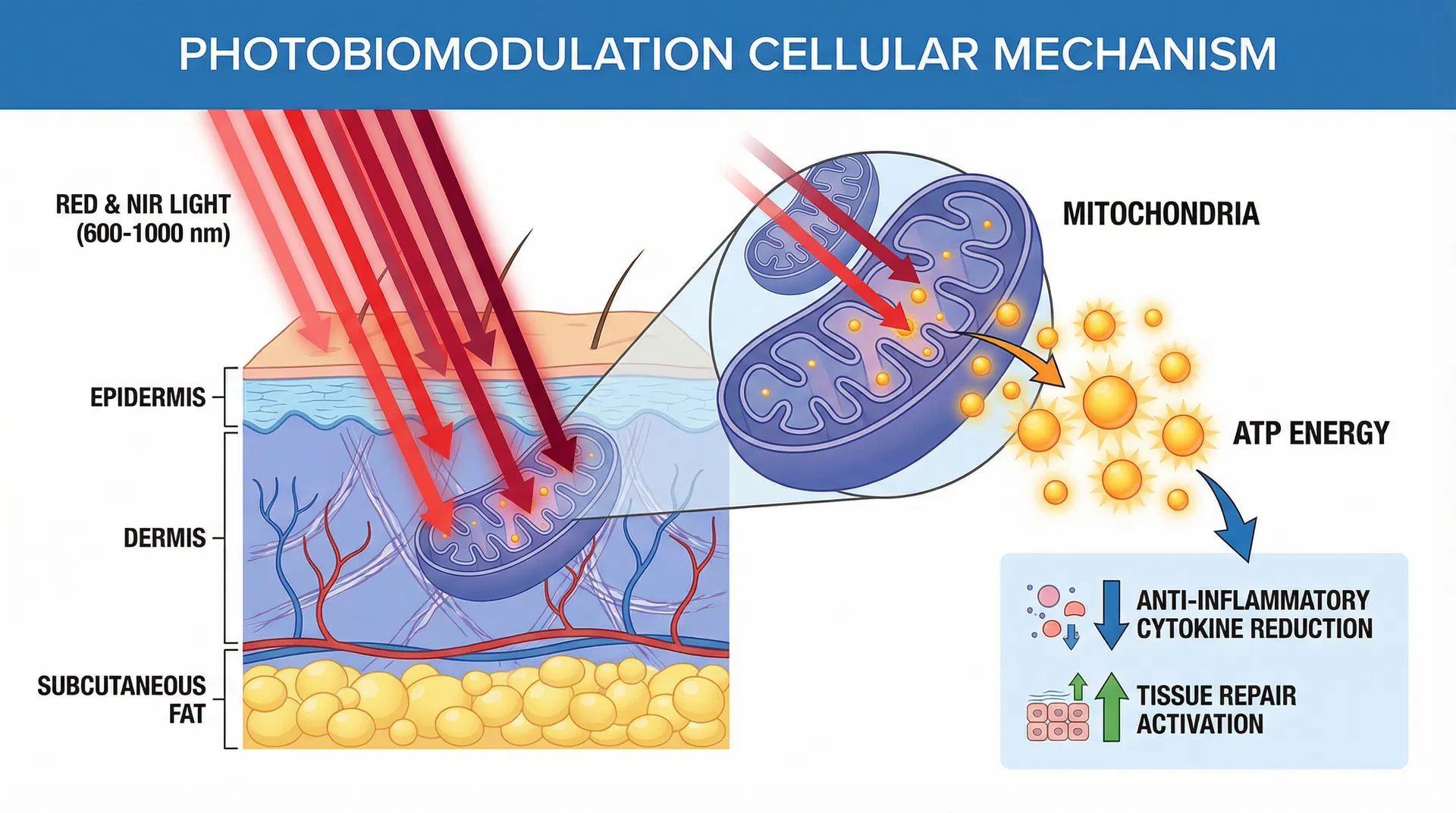 Photobiomodulation cellular mechanism diagram showing light penetrating skin layers and activating mitochondria