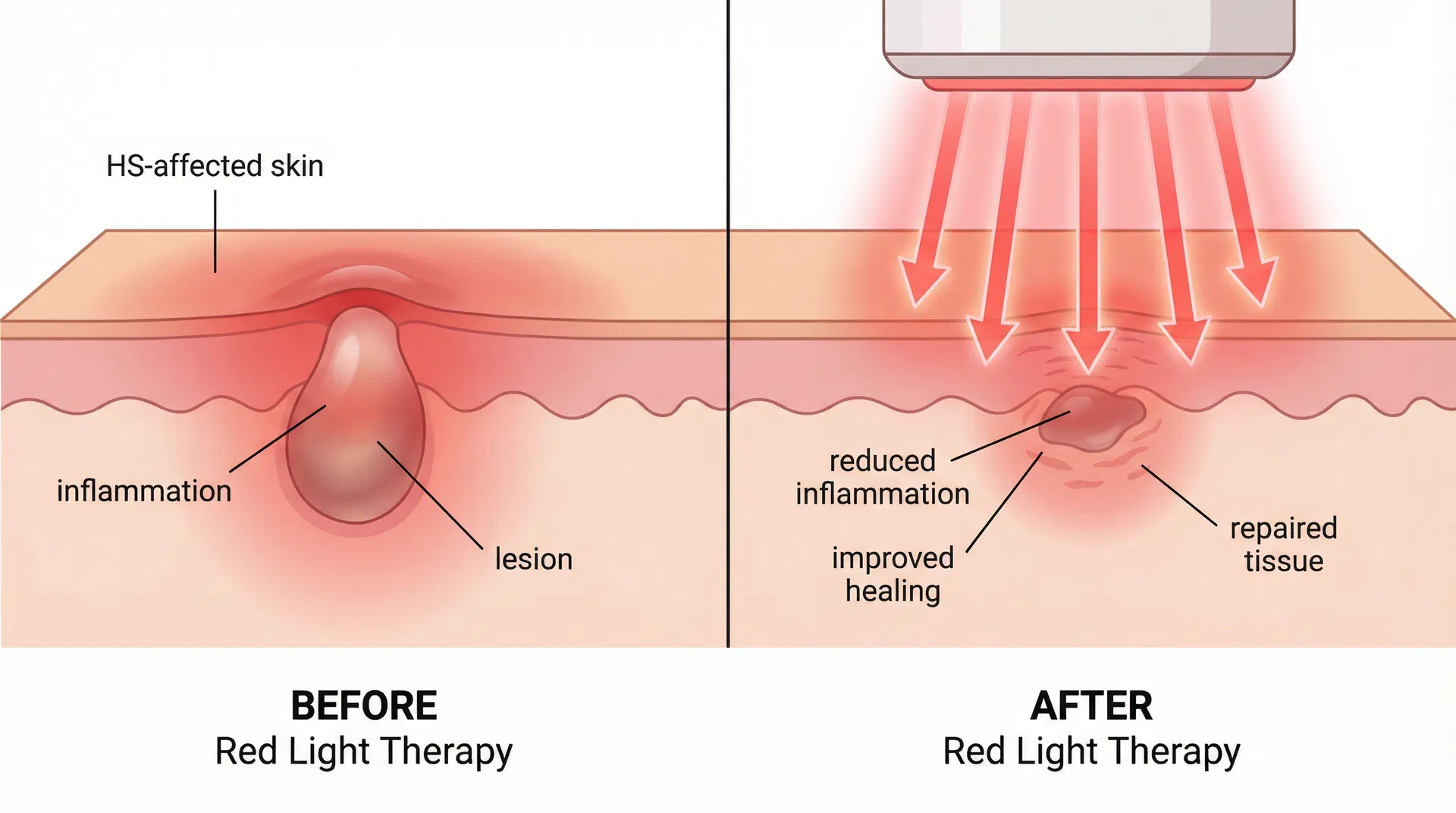 Before and after comparison showing HS skin inflammation reduction with red light therapy