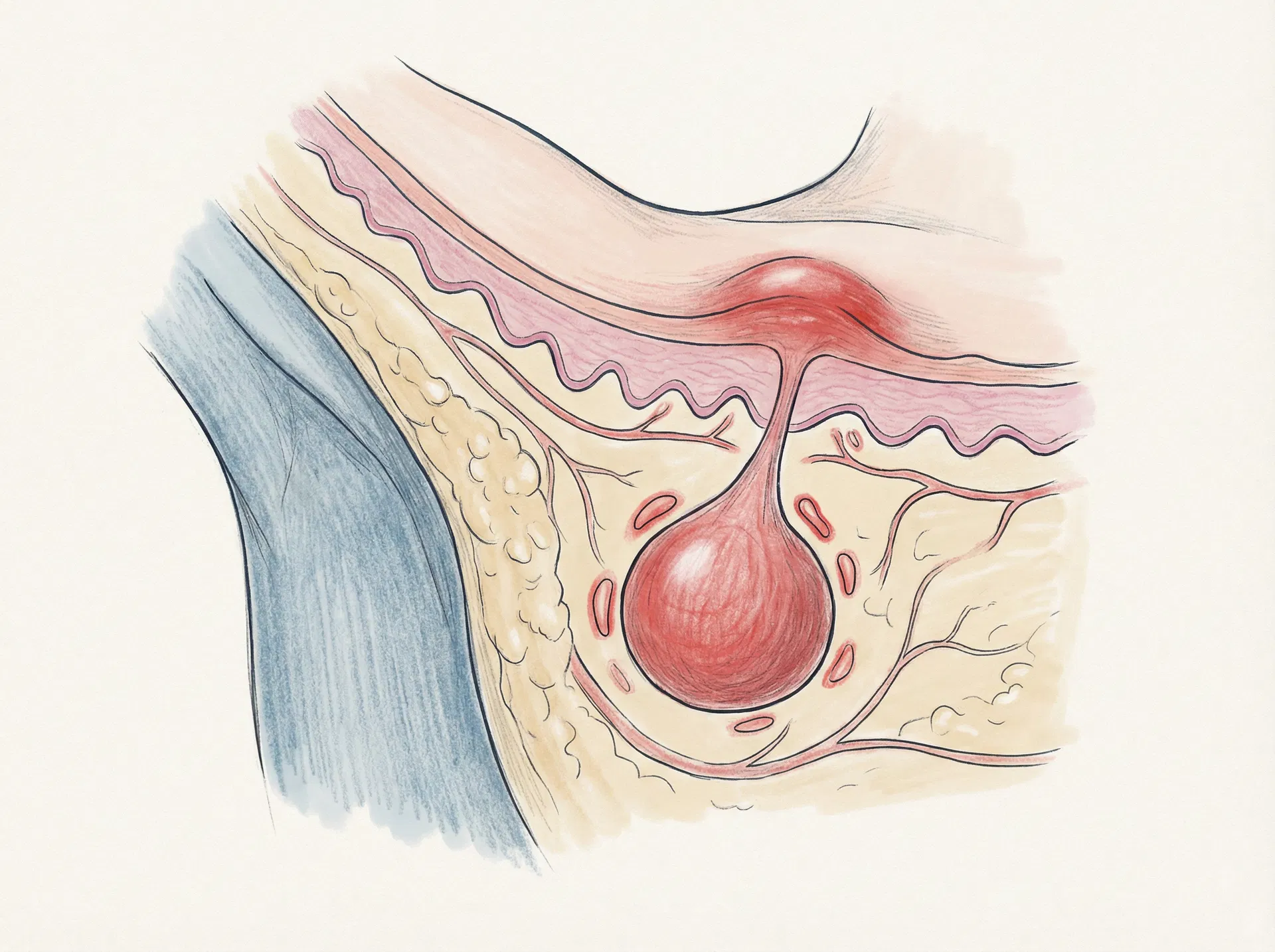 Medical illustration of infected apocrine sweat gland in the armpit