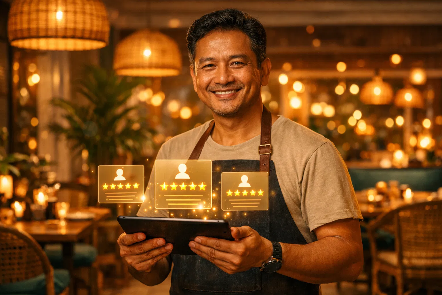 Restaurant owner confidently managing reviews with Reliora