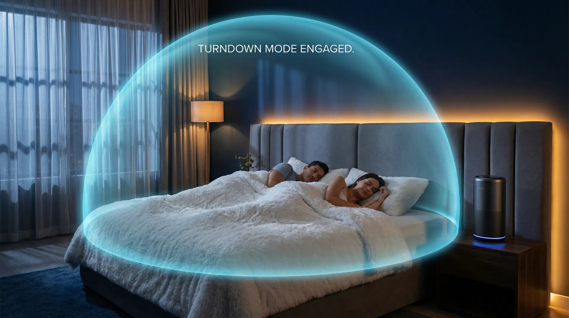 Cozy Bedside on nightstand in a dimly lit bedroom at night