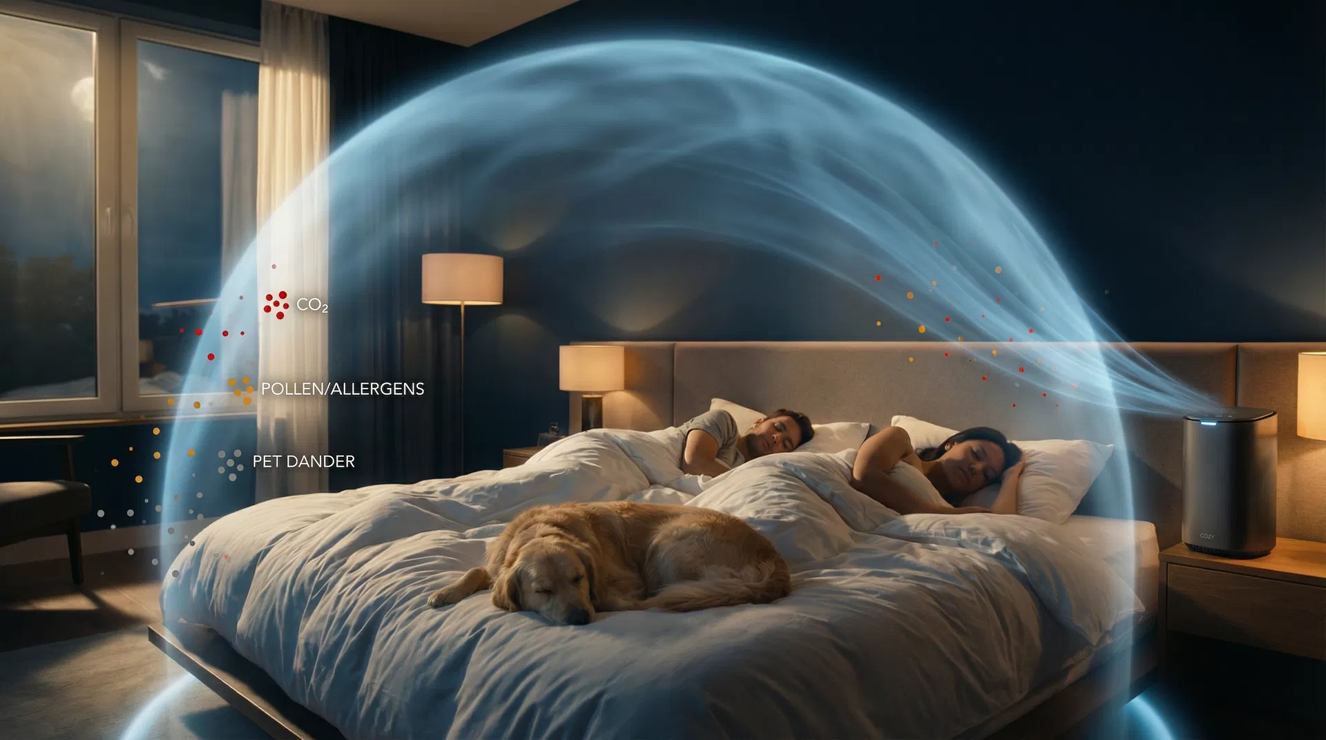 Cozy Bedside air purifier on a nightstand next to a bed with gentle airflow toward the pillow