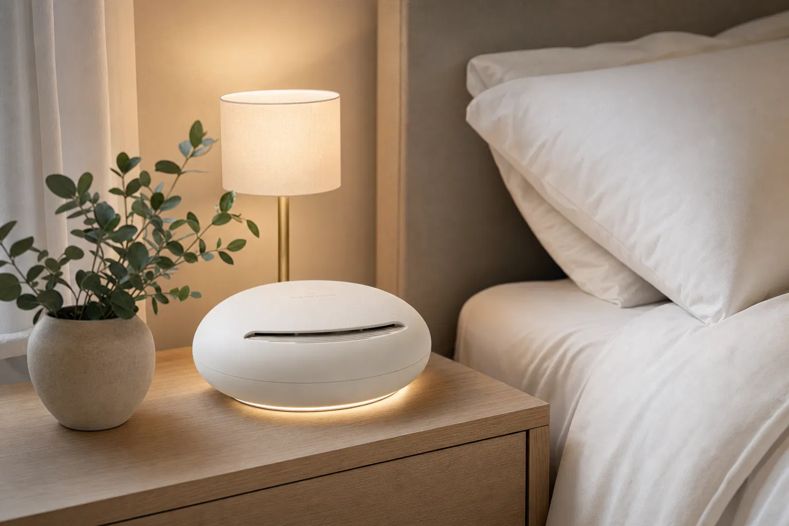 Cozy Somnara Meadow sleep-zone air purifier on a nightstand beside a bed, warm ambient glow