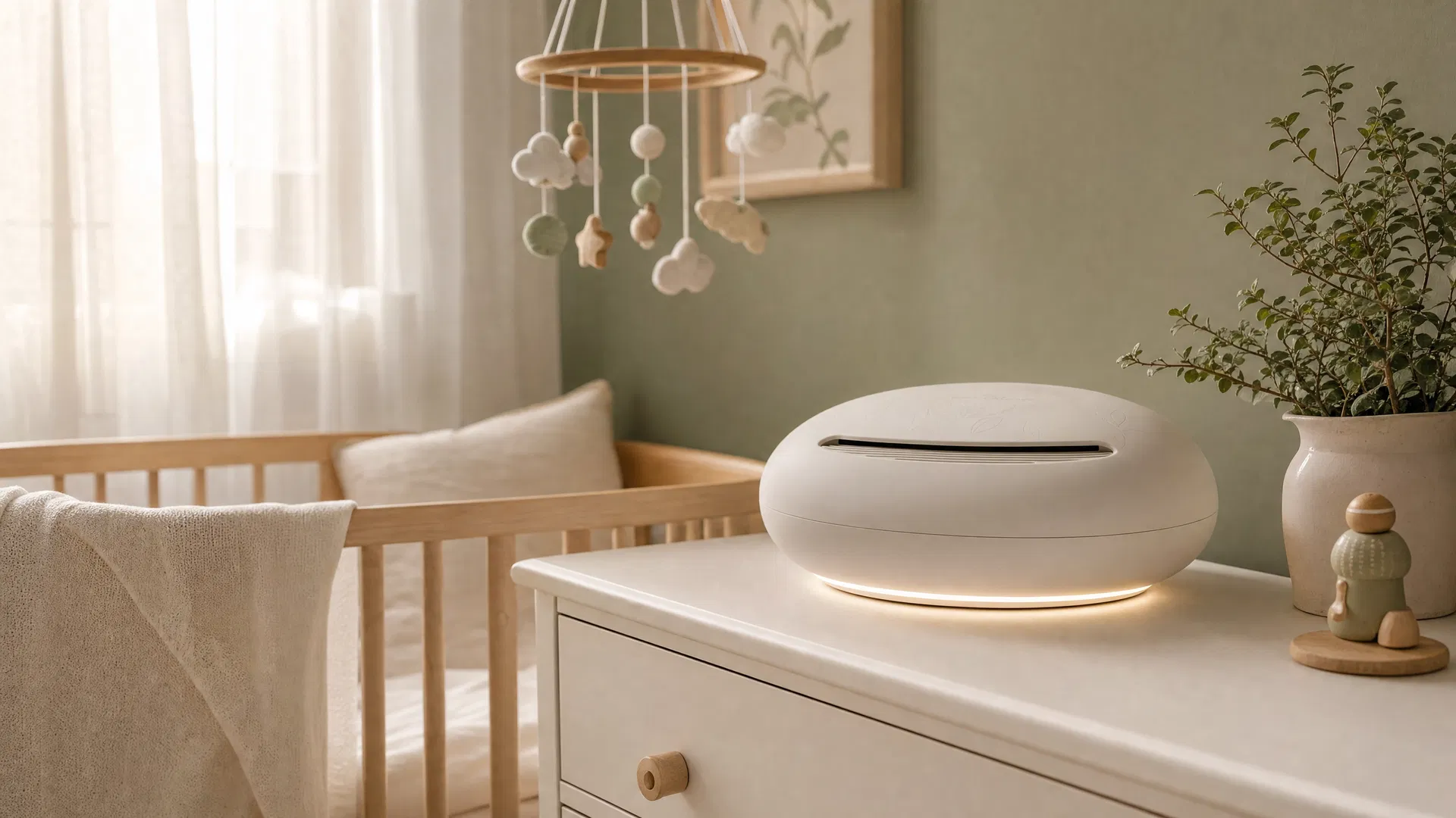 Cozy Somnara air purifier on a nightstand next to a baby crib in a serene nursery, with gentle laminar airflow directed toward the sleeping baby