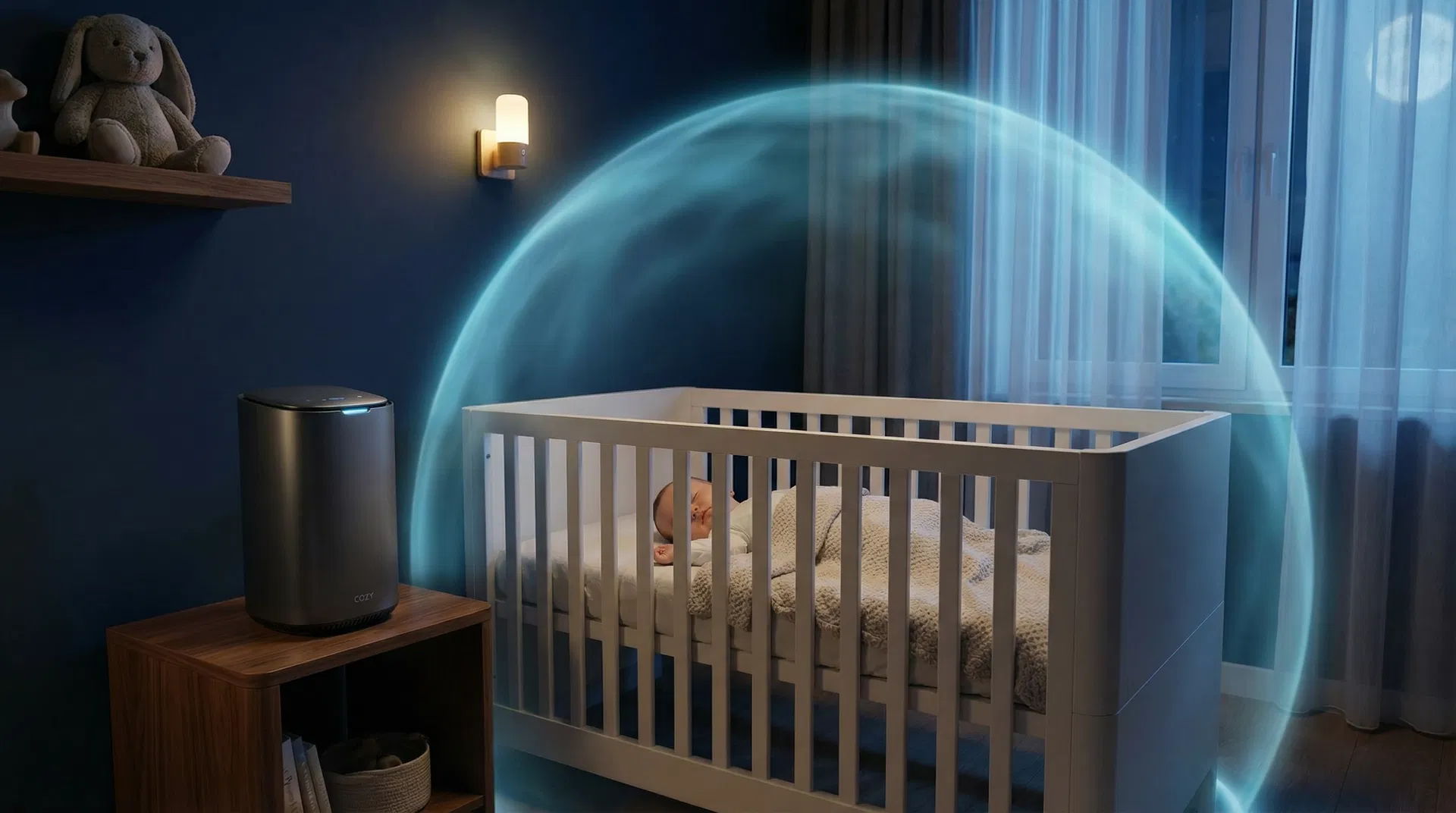 Cozy Bedside air purifier on a nightstand next to a baby crib in a serene nursery, with gentle airflow directed toward the sleeping baby