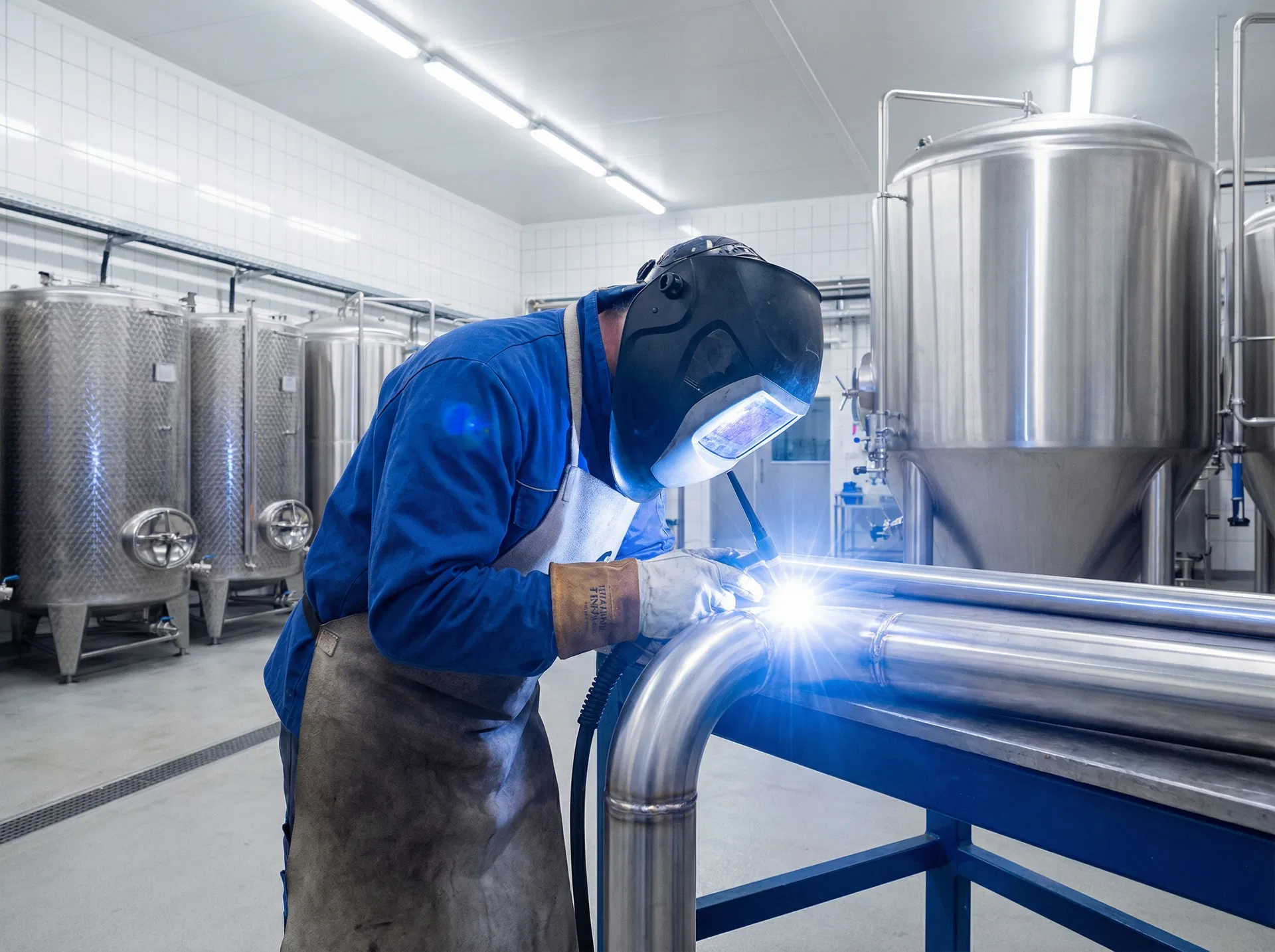 Precision TIG welding on stainless steel piping in food processing facility