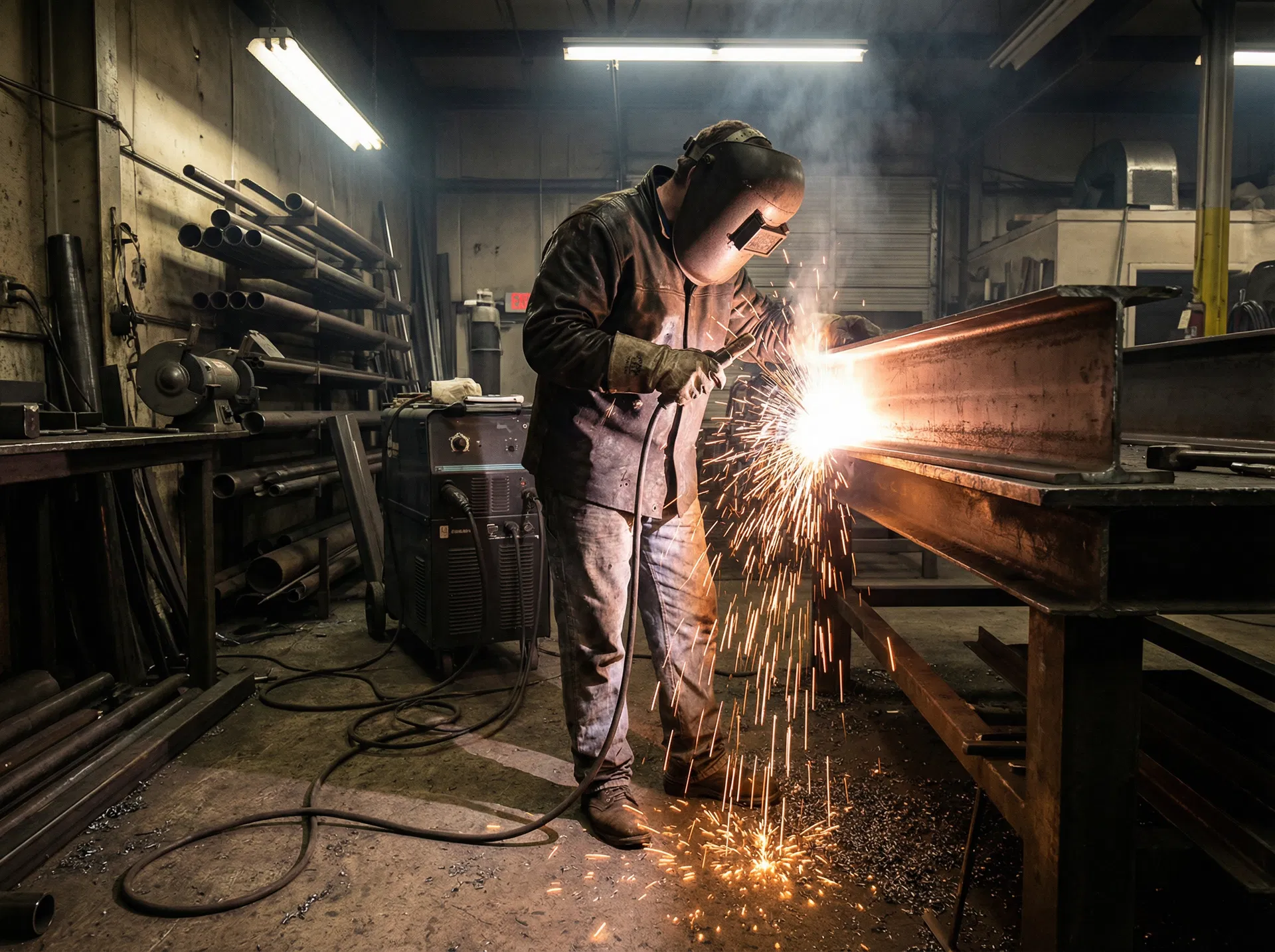 Welder fabricating steel beams in welding shop