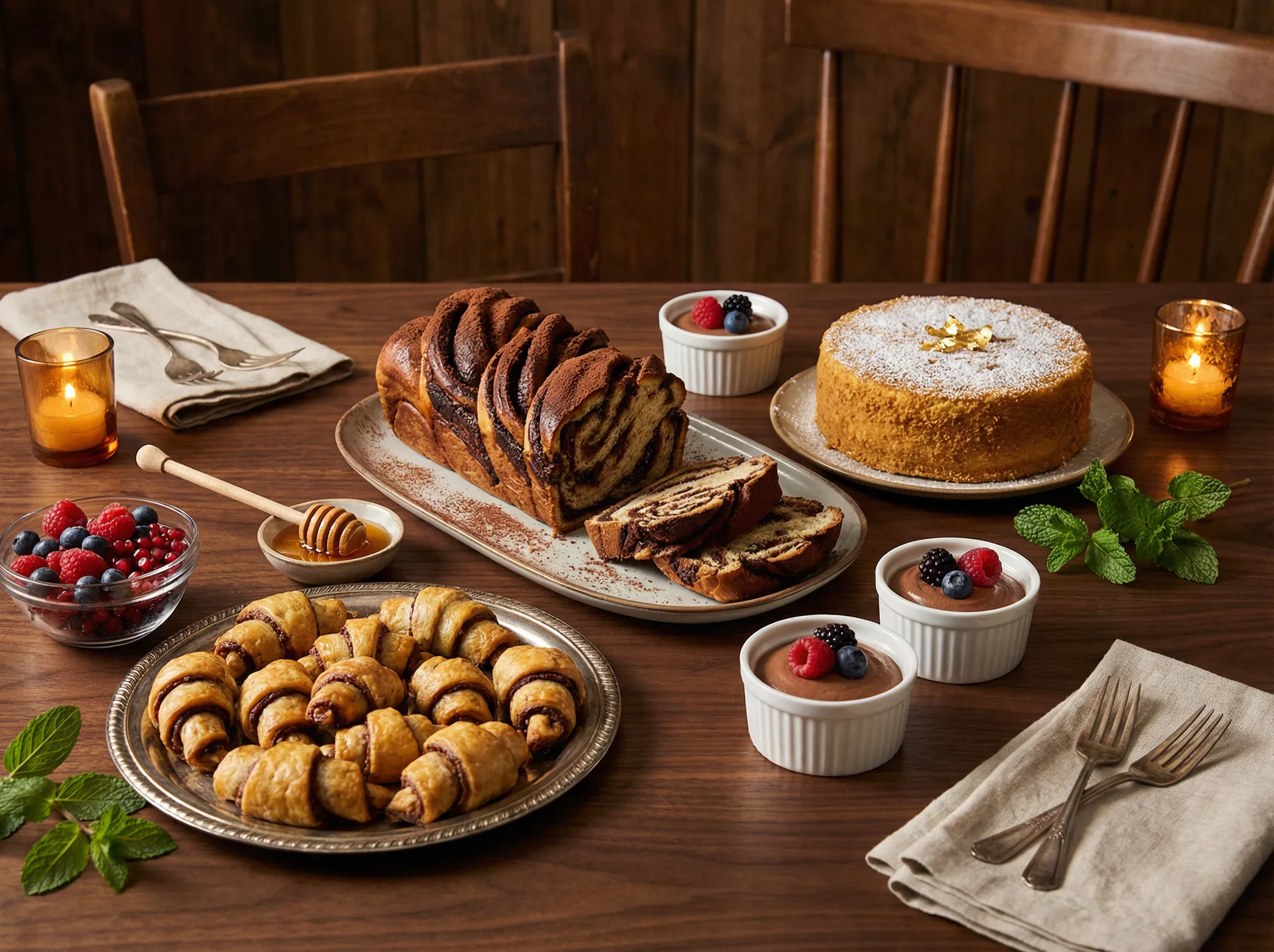 Kosher dessert spread with babka, rugelach and honey cake