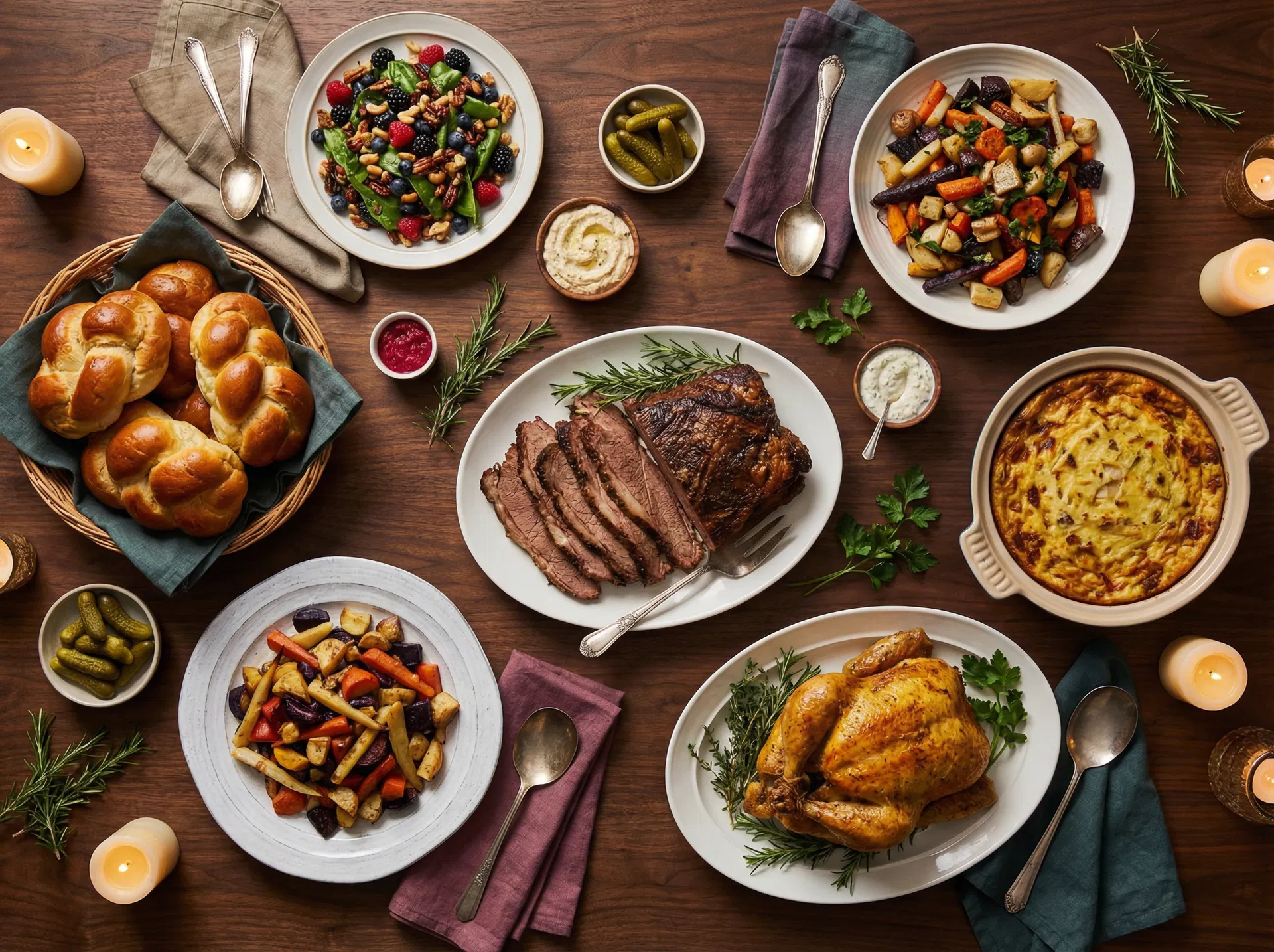 Full Jewish holiday dinner spread