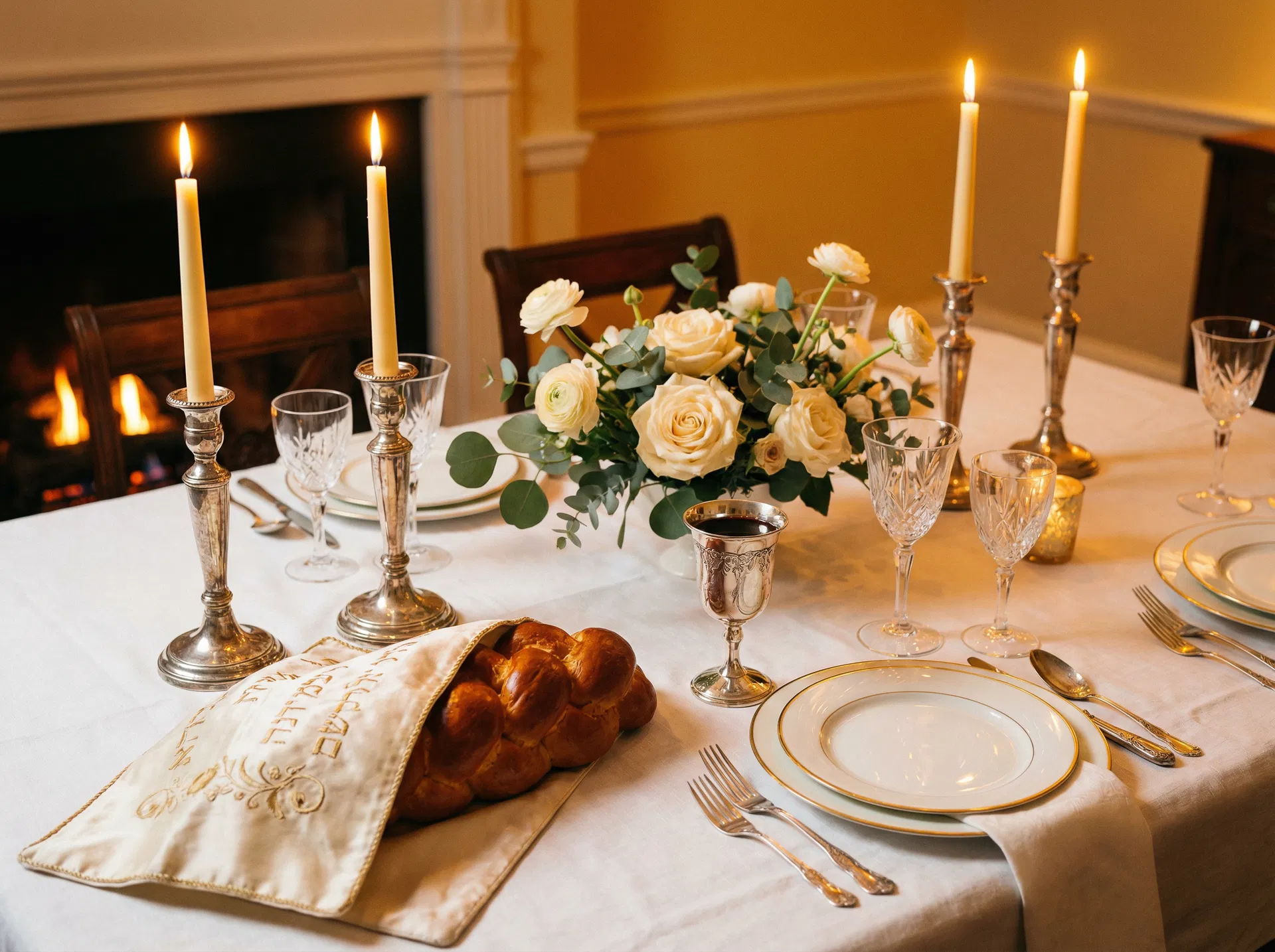 Beautifully set Shabbat dinner table