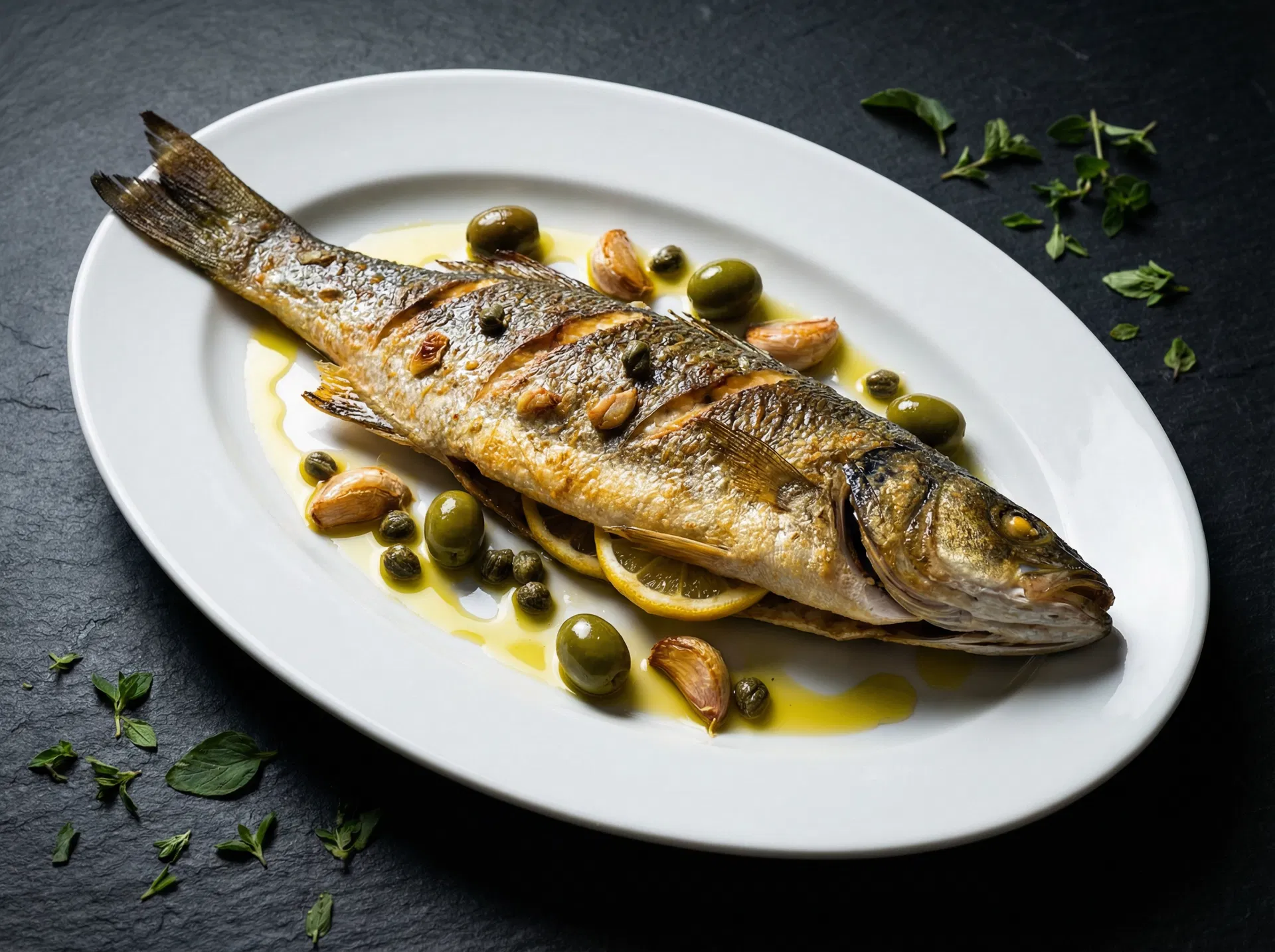 Branzino with Olive Oil, Garlic & Capers