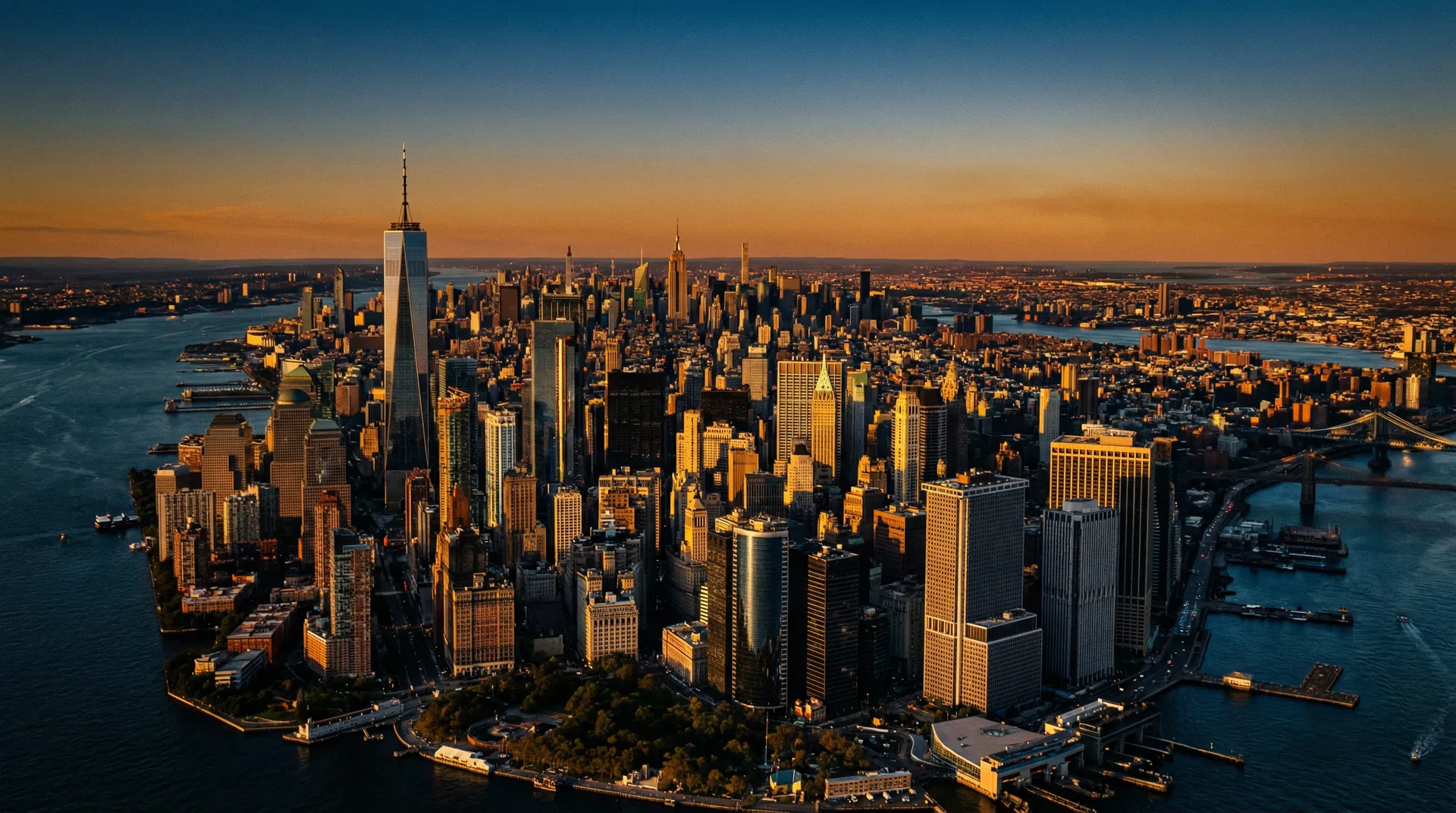 New York City skyline aerial view at golden hour