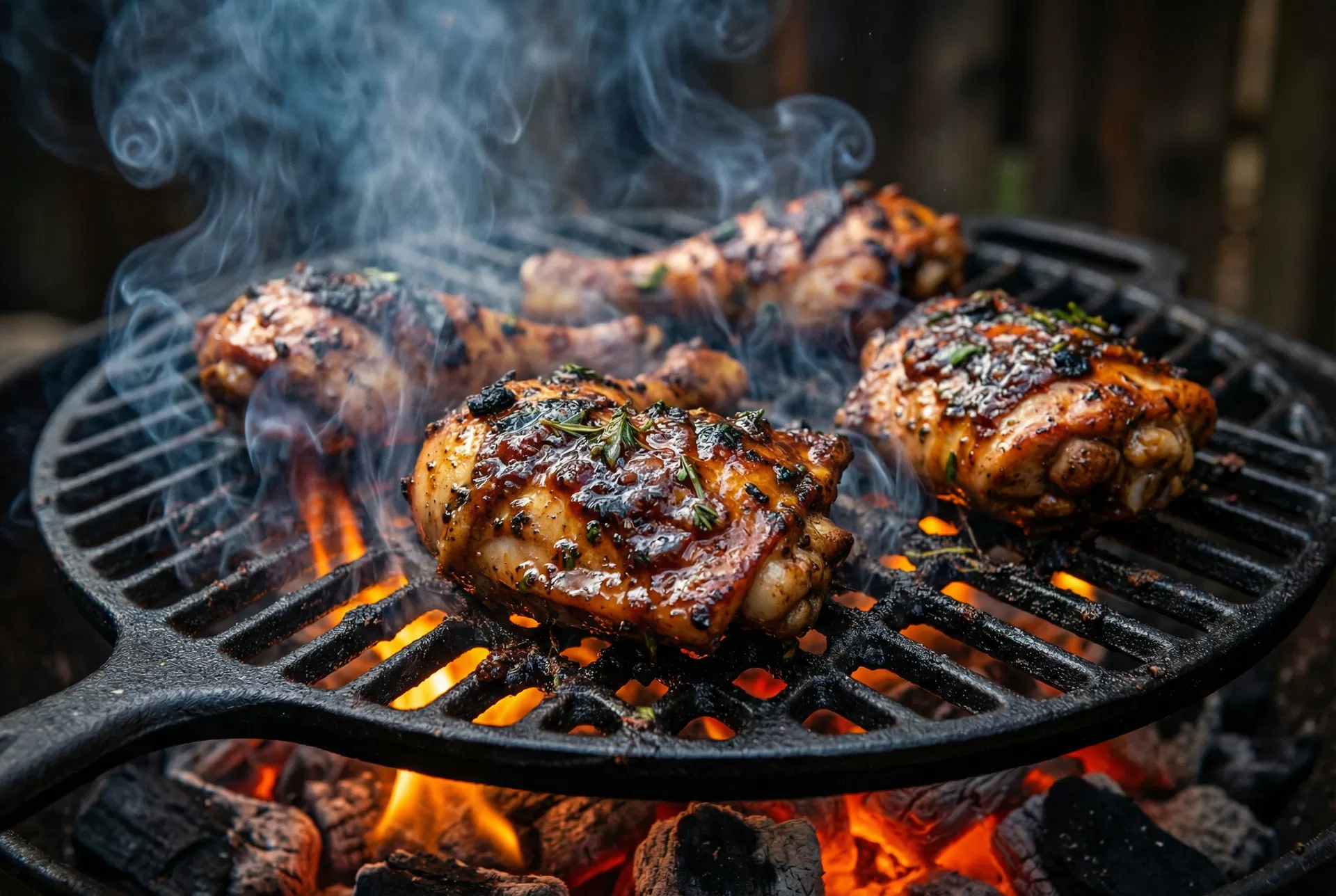 Jerk chicken on a charcoal grill with direct flames