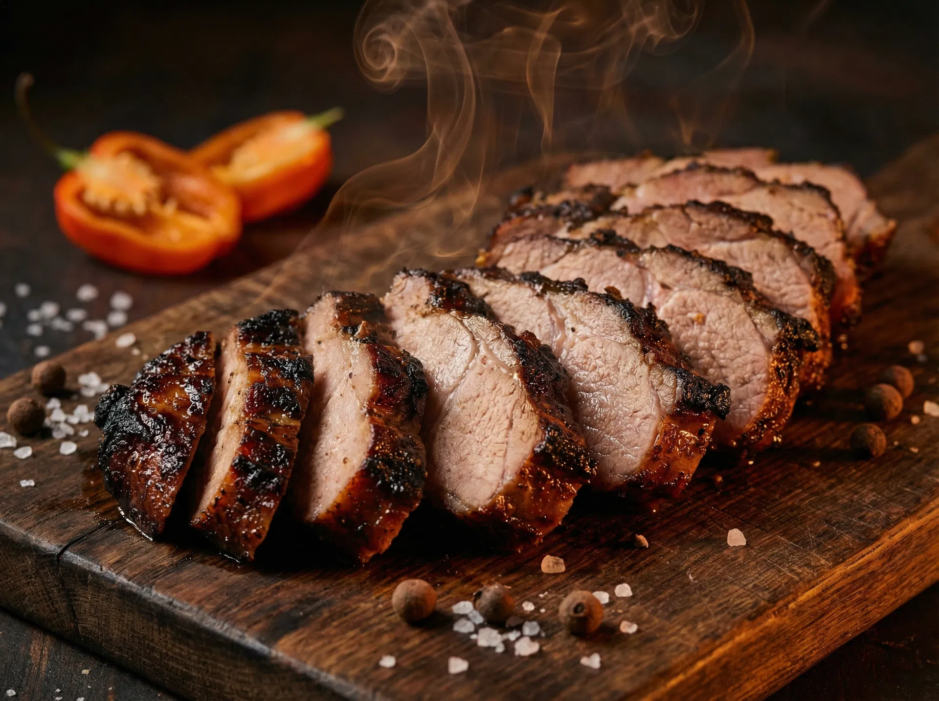 Close-up of freshly sliced charcoal grilled jerk pork showing crispy bark and juicy interior