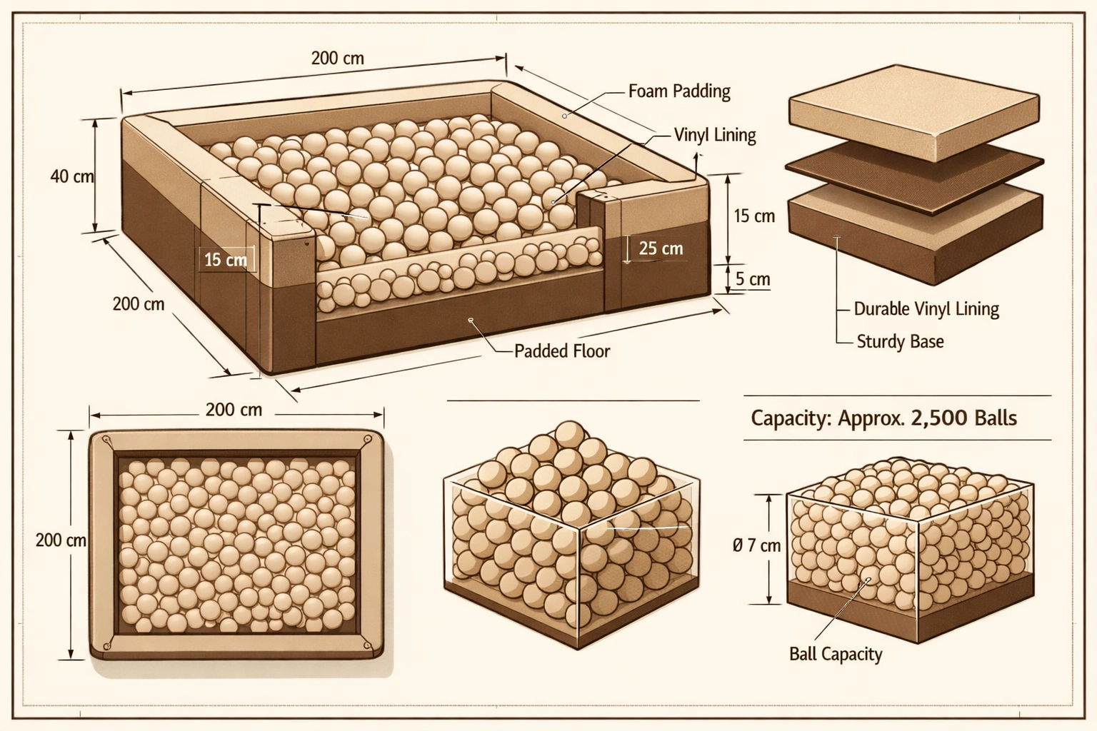 Technical specifications and dimensions of ball pit systems
