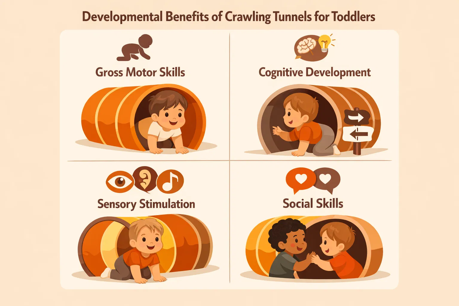 Infographic showing four developmental benefits of crawling tunnels: Gross Motor Skills, Cognitive Development, Sensory Stimulation, and Social Skills