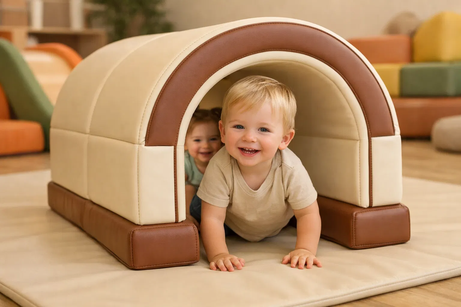 Toddlers happily crawling through soft foam tunnel in indoor playground