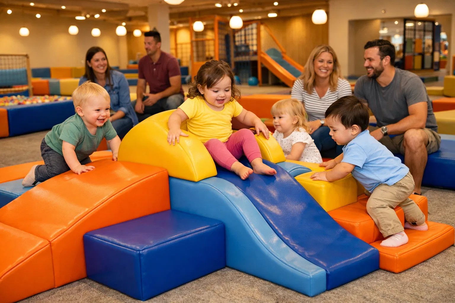 Toddlers enjoying soft foam climbers in a professional indoor playground
