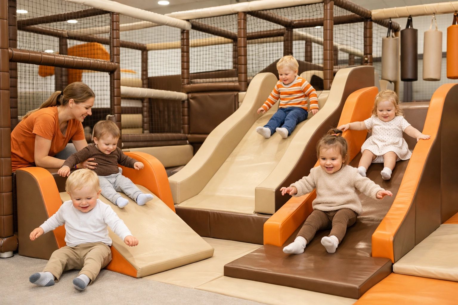 Toddlers enjoying soft foam slides in a bright, safe indoor playground with parent supervision