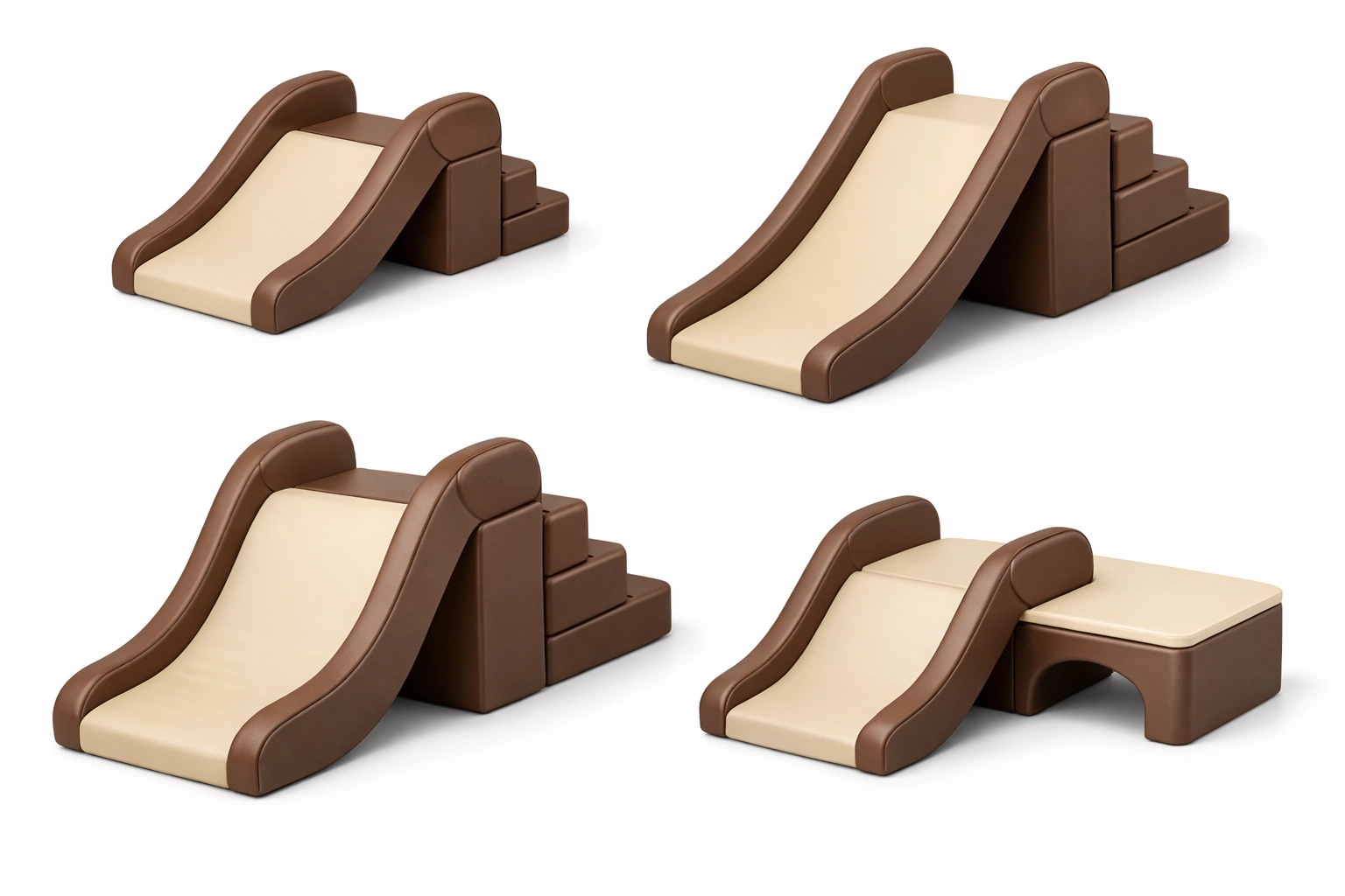 High-quality product photography showing soft foam slides in multiple configurations with different heights